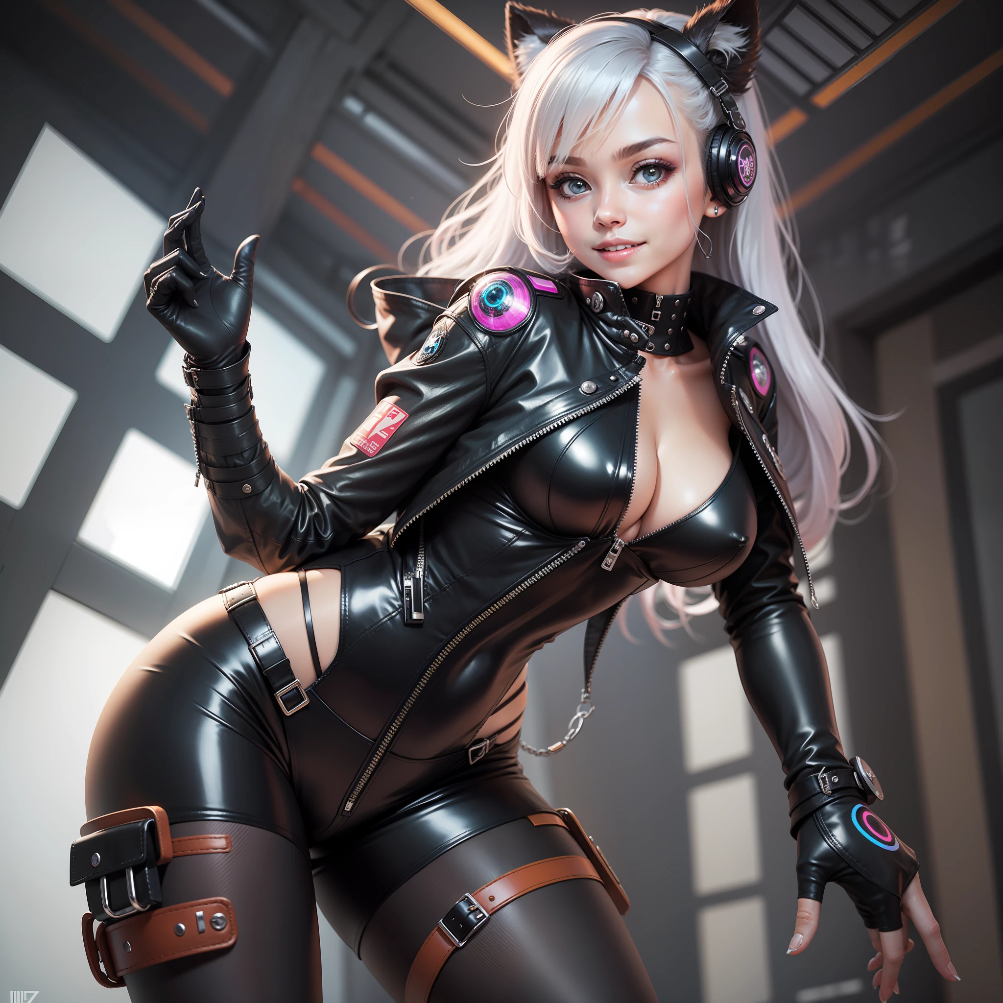 cyberpunked　a leather jacket　Kizi　smil　beste-Qualit　​masterpiece　Super-High Resolution　A futuristic world　Twin-tailed　Bodysuits