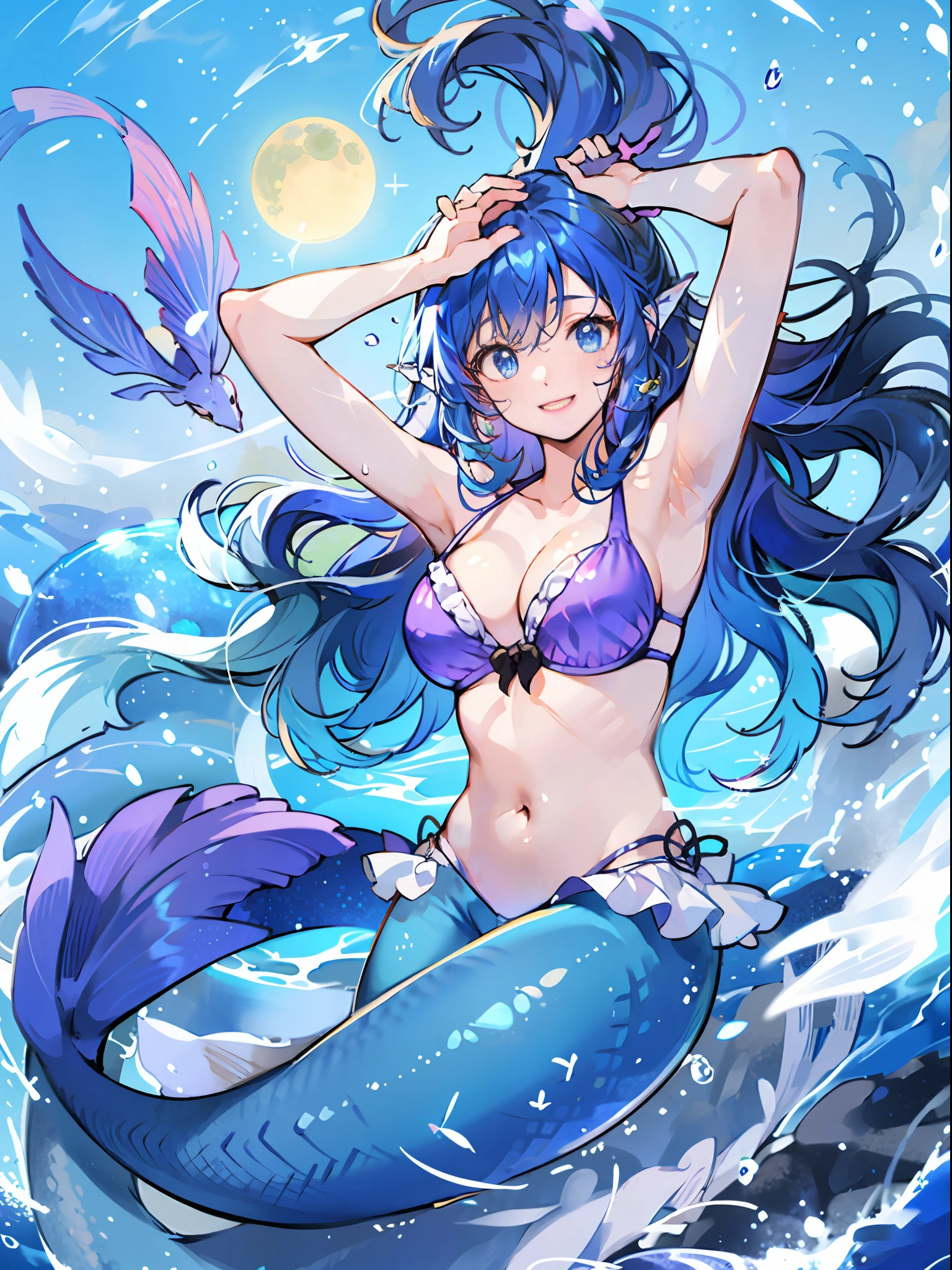 ​masterpiece、ultra-quality、ultra-detailliert、Perfect drawing、独奏、mermaid、Upper body beauty、The lower body is a fish、Arms raised wide、Open armpits、Raking up hair、((pretty bikini))、((bulging bust top))、A smile、18year old、blue-sky、cumulonimbus clouds、glowing sun、shores、the reef、beatiful backgrounds、Accurate drawing、Detailed drawing