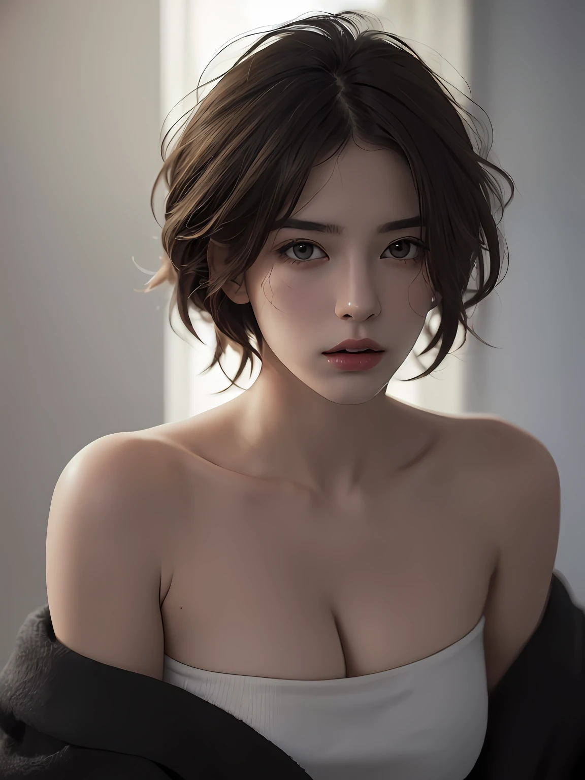 Best quality, masterpiece, ultra high res, (photorealistic:1.5), raw photo, 1girl, offshoulder, in the dark, deep shadow, low key, cold light, sexy look, short hair