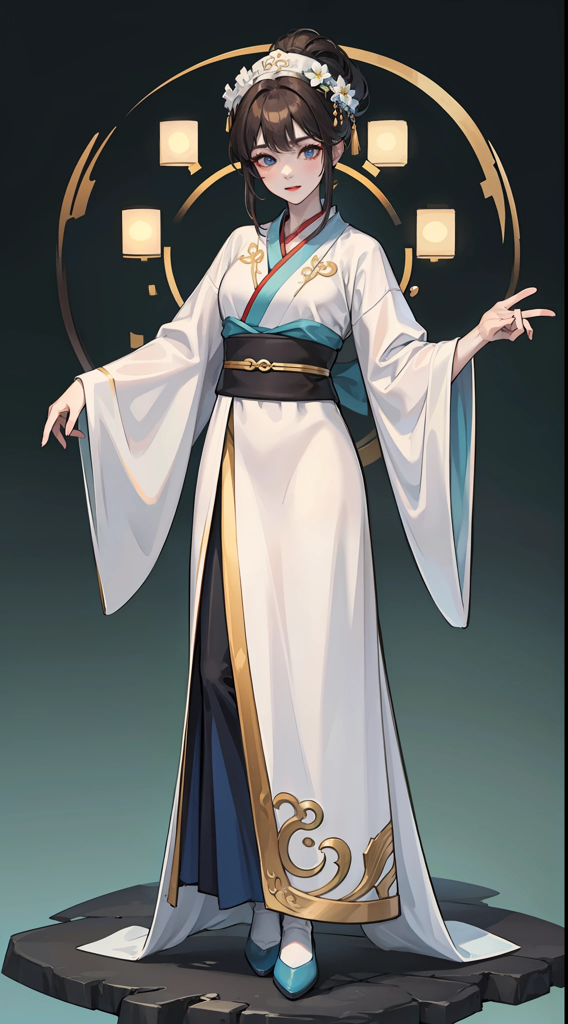 1 woman、Full body standing painting、Hanfu，Gorgeous costumes、Accessories，Inro Huanpei，high detal，Ultra-high resolution，best qualtiy，tmasterpiece，（The is very detailed的 CG unified 8k 壁纸）