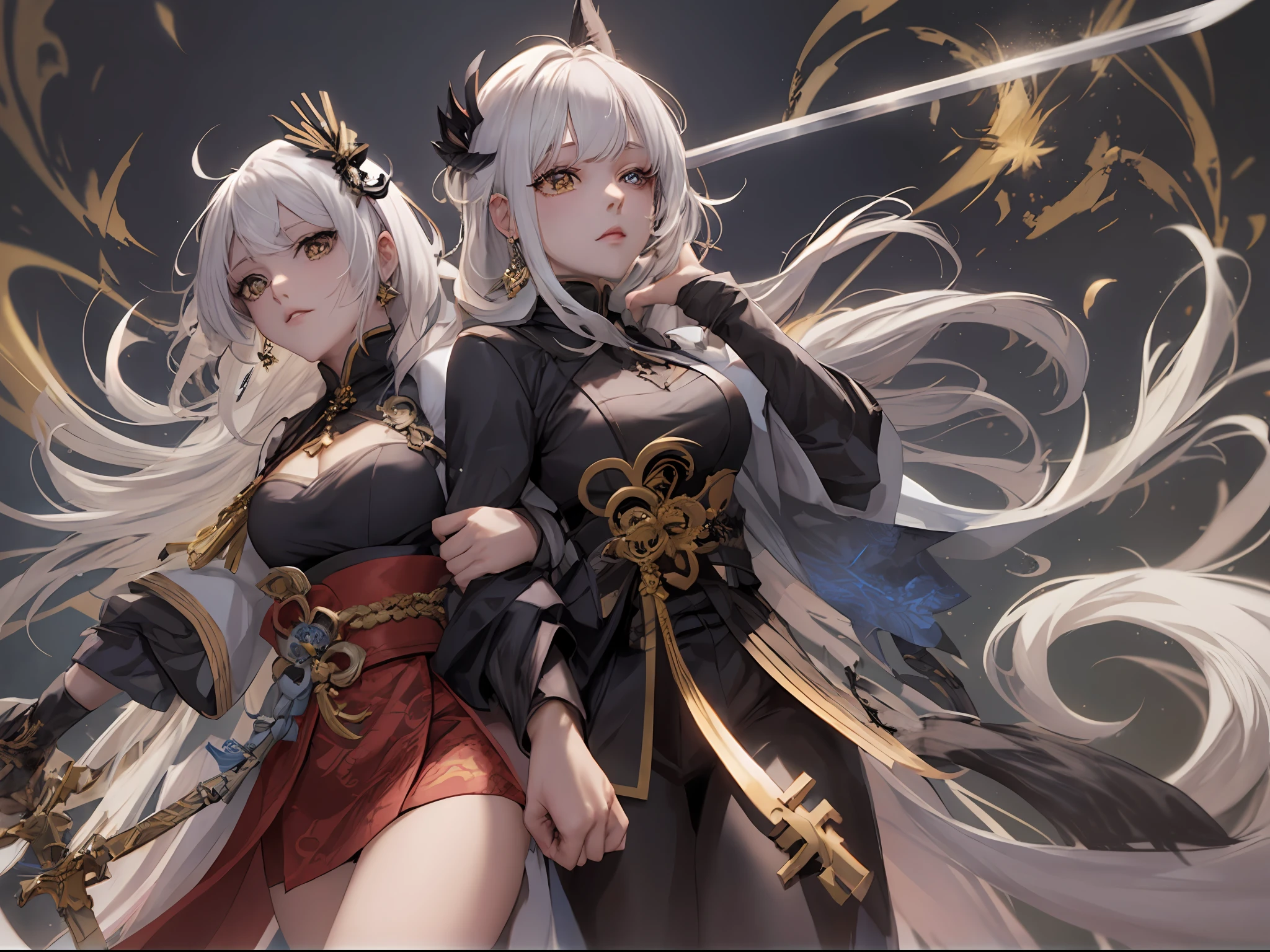 Anime character with white hair and black and gold costume holding a sword, Keqing from Genshin Impact, Ayaka Genshin impact, From Arknights, ayaka game genshin impact, white-haired god, trending on artstation pixiv, zhongli from genshin impact, Genshin, Detailed key anime art, Kushatt Krenz Key Art Women