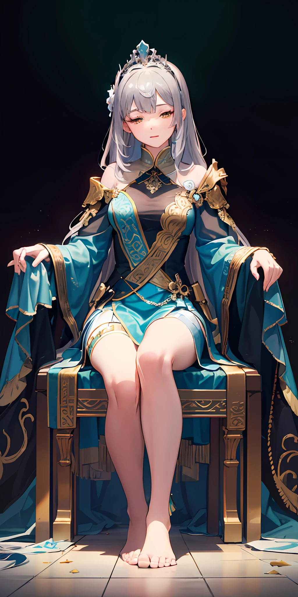 (Masterpiece:1.2), Best quality, (illustration:1.2), (Ultra-detailed), 超详细信息, (细腻细致), (Intricate details), (Cinematic light, 最优质的背光), 清晰的线条, From below, solo female,perfect bodies,(1girll),Gray hair and yellow eyes,(the emperor,Black see-through garment),(tiara crown:1.1),sitting on an royal throne,Close your eyes slightly,low head,low head,(is shy:1.2 ), ((Makeup)), High contrast, (Best illumination, an extremely create and beautiful), ((Cinematic light)), Bright colors,Jade foot,Show the whole body