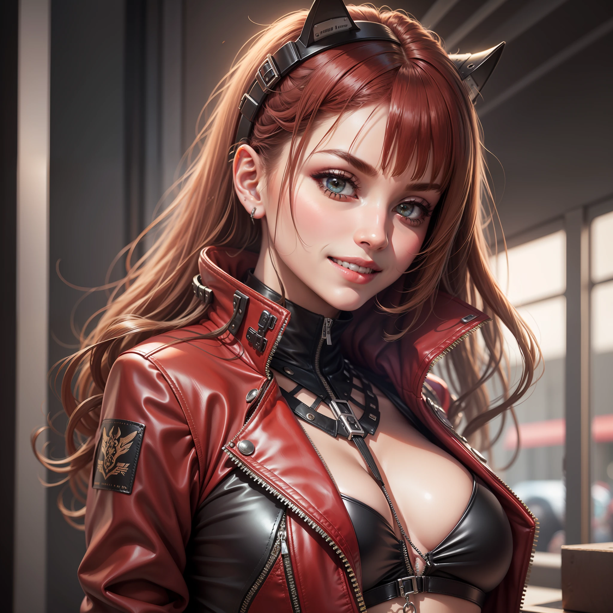 cyberpunked Red leather jacket Kizi smil beste-Qualit masterpiece Super-High Resolution A futuristic world Red bodysuit