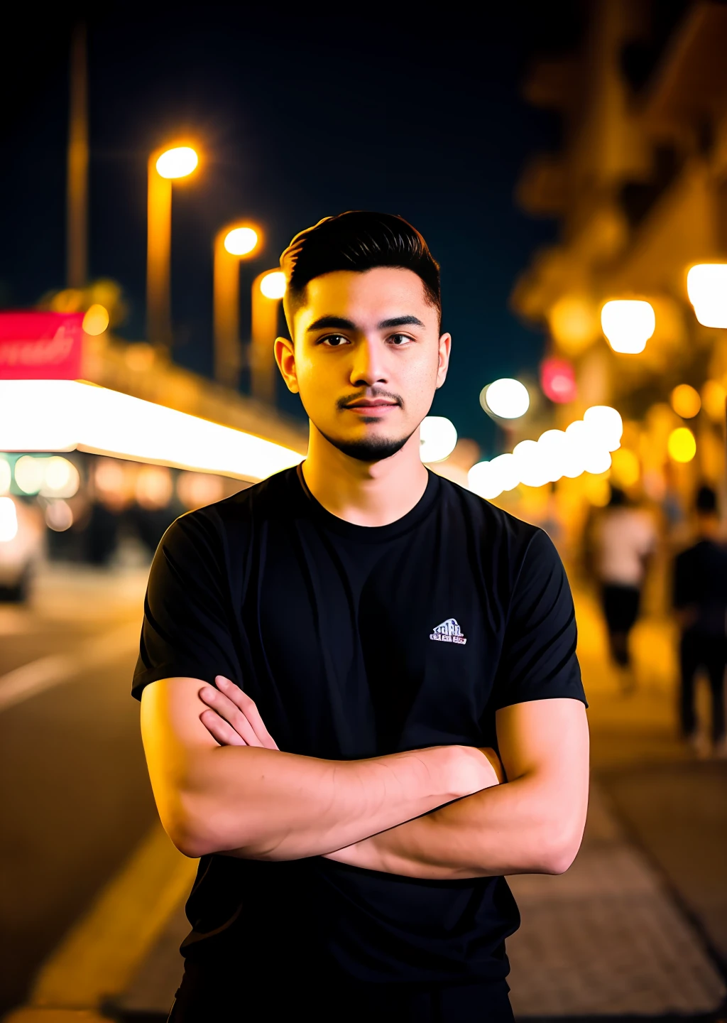 RAW photos,Photo of a 25-year-old man wearing black short sleeves,the night,the city street,(highdetailskin:1.2),8K UHD,Slr,softlighting,high qulity,filmgrain,Fujifilm XT3