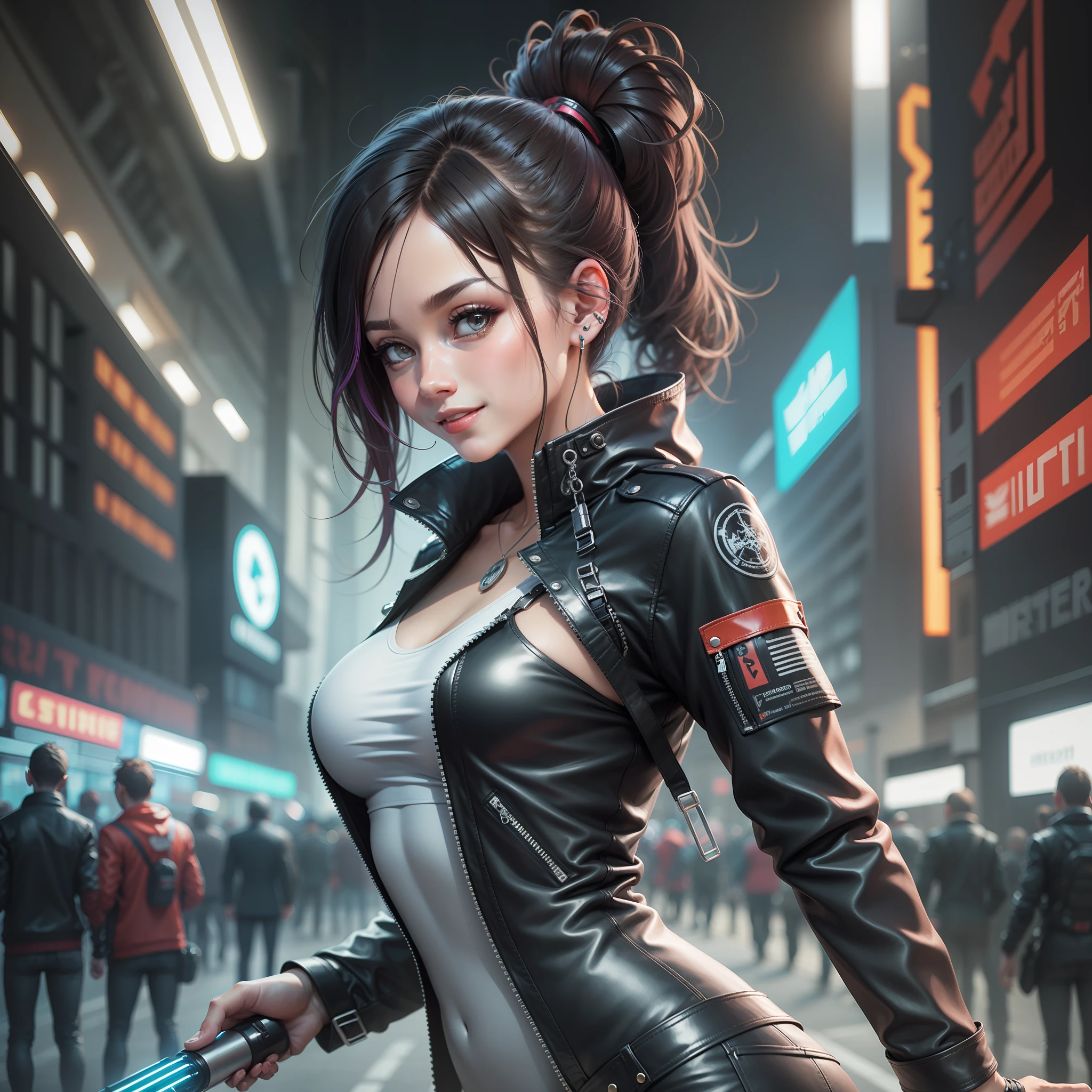 cyberpunked a leather jacket Kizi smil beste-Qualit masterpiece Super-High Resolution A futuristic world Twin-tailed Bodysuits