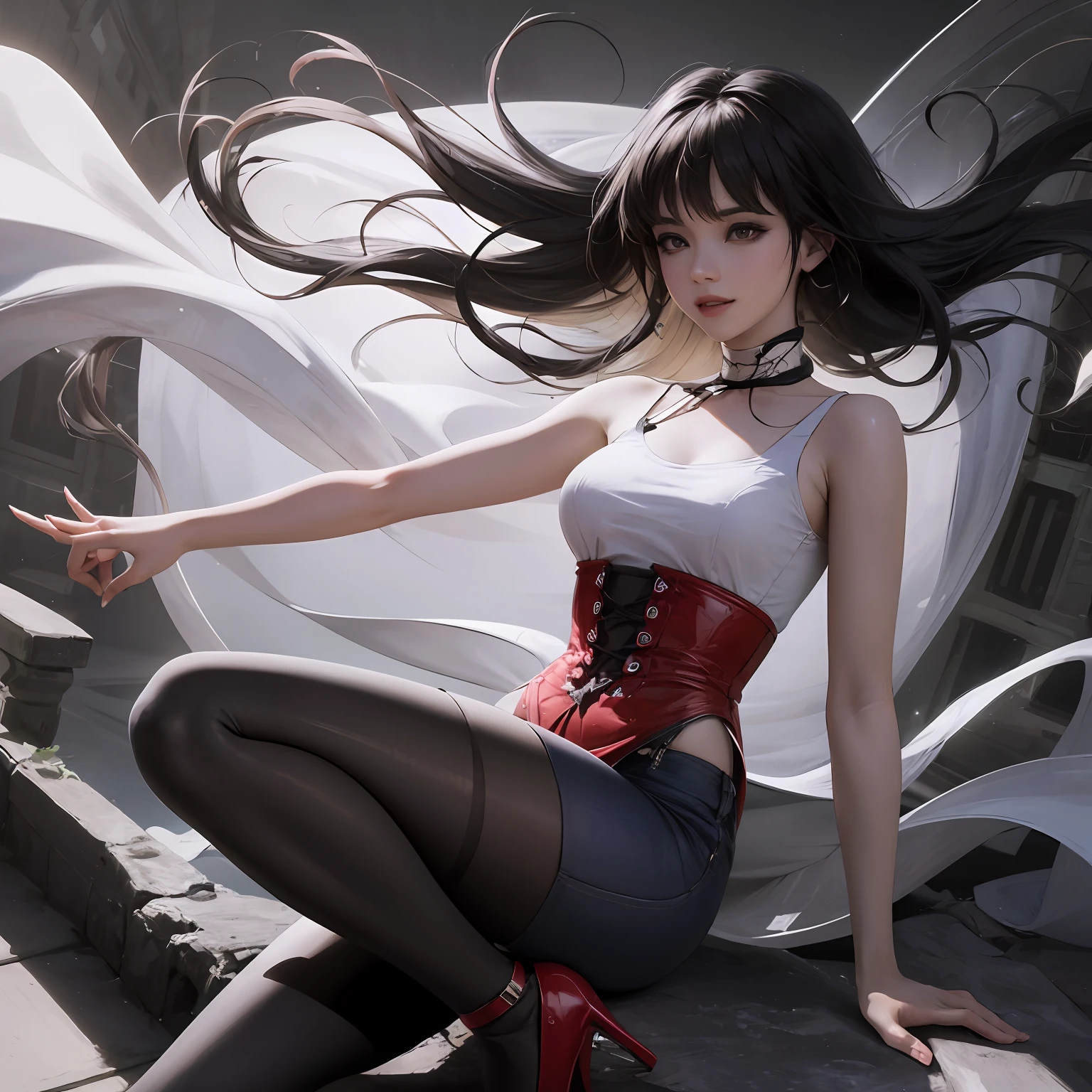 black hair, hair bobbles, longeyelashes, solid circle eyes, light smile, fang, blacksilk, High heels, Be red in the face, lacepantyhose, denim short, white shirt, Raised sexy, 校服, mediuml breasts, bare shoulders, Black transparent pantyhose, Surrealism, drop shadow, anaglyph, stereogram, tachi-e, pov, atmospheric perspective, 8k, super detail, ccurate, best quality, textured skin, textured skin, highres --auto