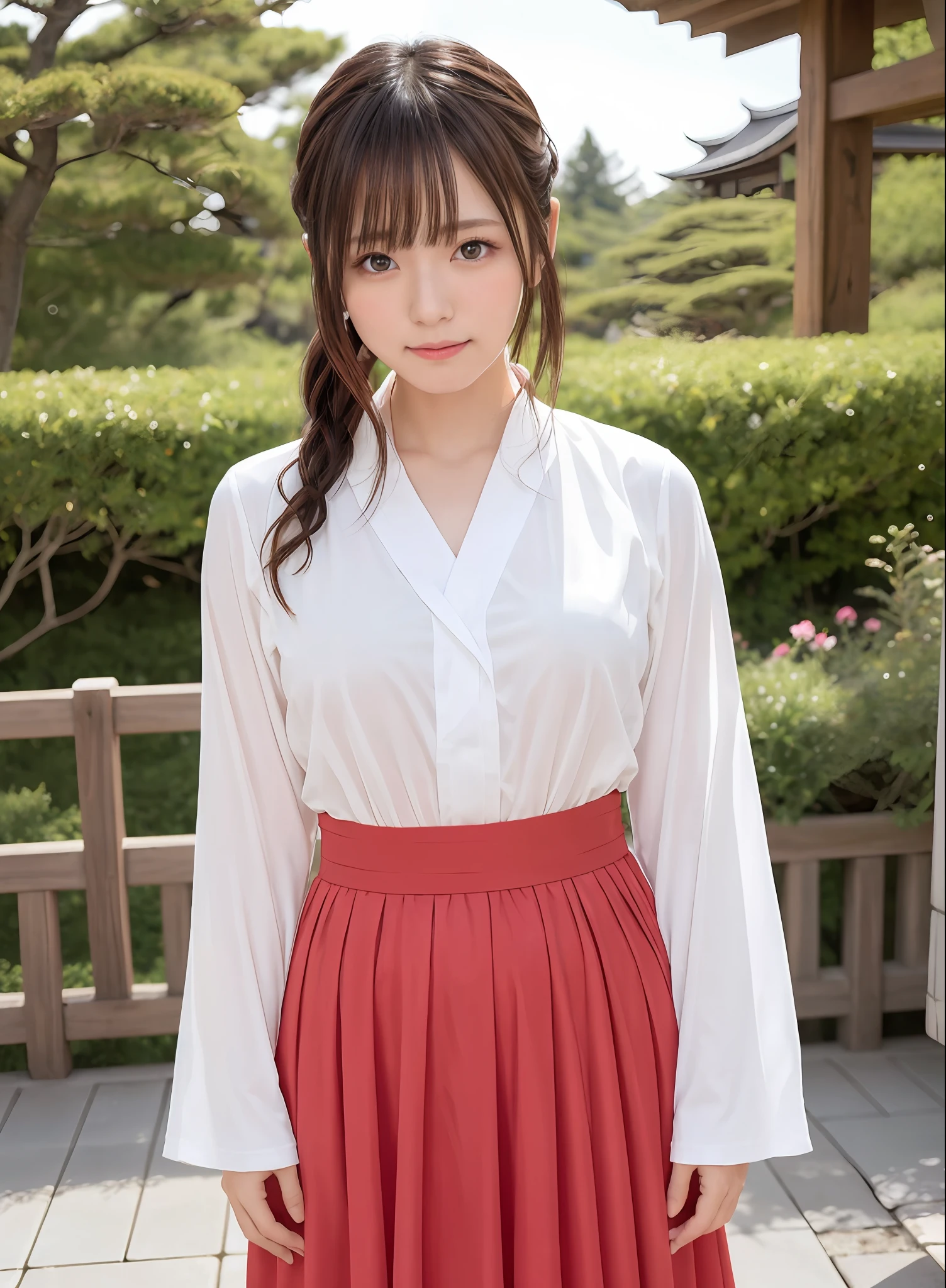 Glowing skin with dark hair and low ponytail、Cute priestess girl with perfect symmetrical face with blushing cheeks, Wearing Japan white clothes,Red Hakama,age19, in japanese garden, 45 angles by Krenz Kuscher and Mucha, Golden Hour Lighting, strong rimlight, intense shadow, CanonEOS, SIGMA Art Lens 35mm F1.4, ISO 200 Shutter Speed 2000、Colossal tits、Japan white clothes,Red Hakama,Bare shoulders,Detached sleeves,