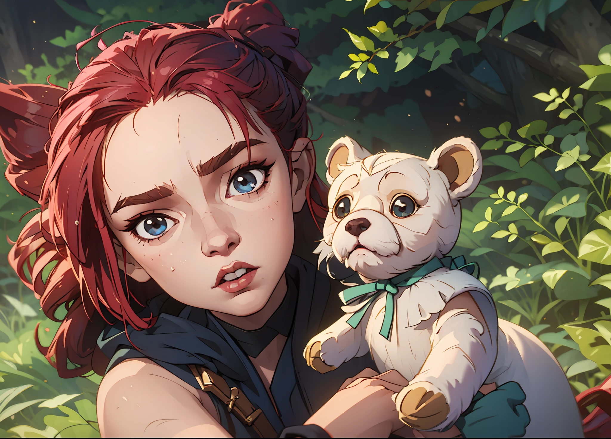 Um garoto, holding a teddy bear, Feliz, na natureza