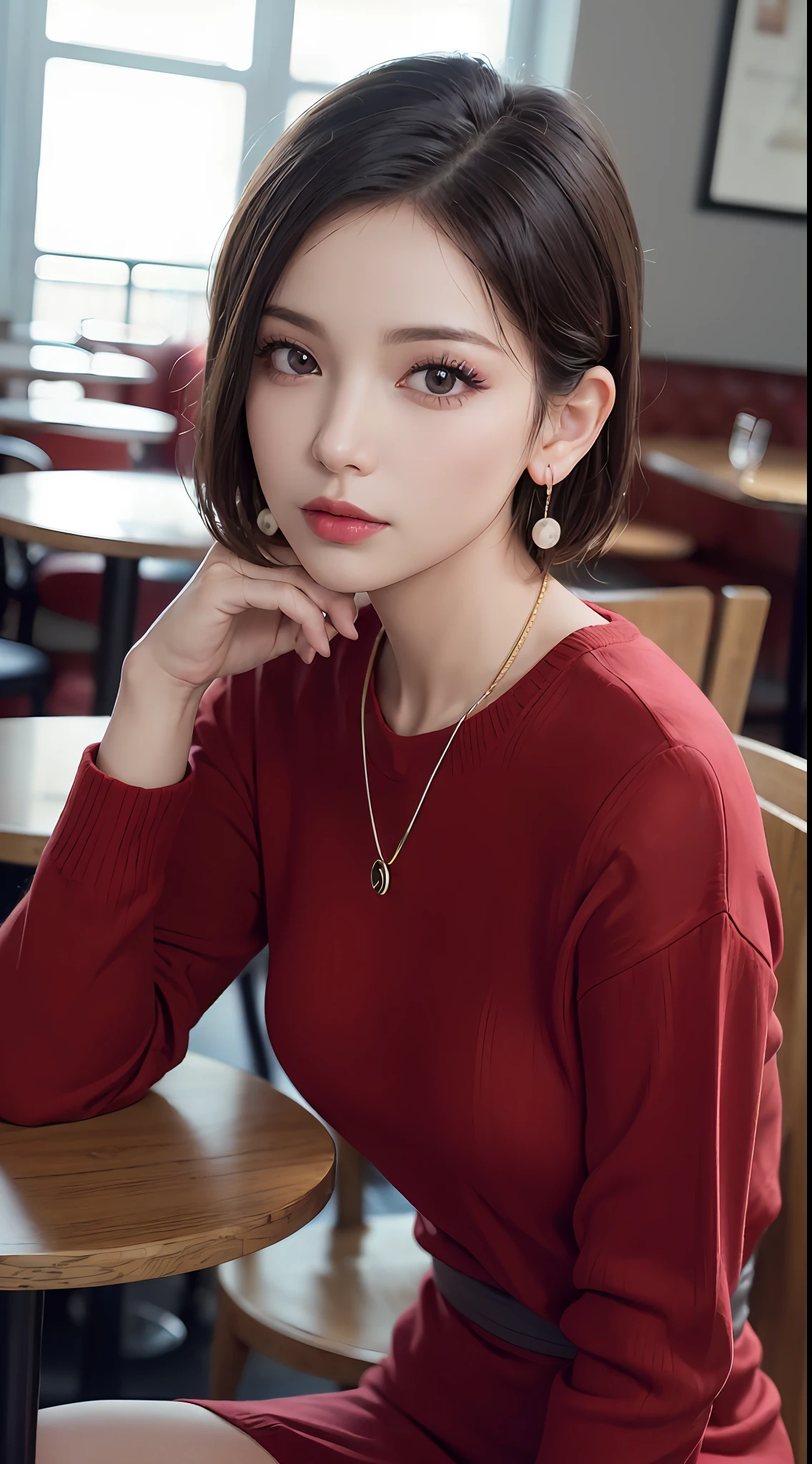 (Raw photo, High resolution, Best Quality, masutepiece:1.3), (realistic detailed, hyper realisitic, Photorealistic: 1.2), Shot with Canon EOS R6, Sharp Focus, F/1.8, mid-shot, upperbody shot, 1girl in, Very delicate and beautiful, Beautiful detailed girl, Very detailed eyes and face, Triangular face, Beautiful detailed eyes, (Slender figure, thin waist), ((Red Sweater Dress)), Stylish pendant, earrings, Natural makeup, Pink shiny lips, Sweepside stylish shorthair, Perfect Style, (low illuminance, sitting in a cafe), nffsw, Ultra-realistic, Highest Quality, super detailed