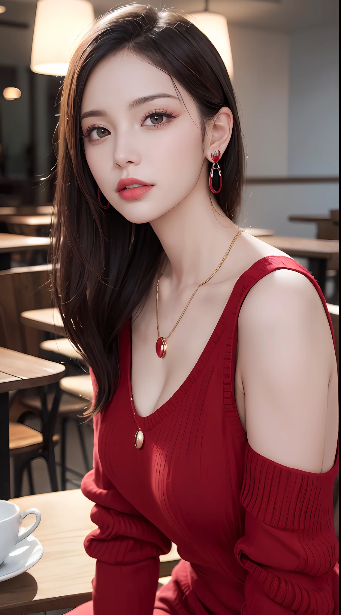 (Raw photo, High resolution, Best Quality, masutepiece:1.3), (realistic detailed, hyper realisitic, Photorealistic: 1.2), Shot with Canon EOS R6, Sharp Focus, F/1.8, mid-shot, upperbody shot, 1girl in, Very delicate and beautiful, Beautiful detailed girl, Very detailed eyes and face, Triangular face, Beautiful detailed eyes, (Slender figure, thin waist), ((Red Sweater Dress)), Stylish pendant, earrings, Natural makeup, Pink shiny lips, Sweepside stylish shorthair, Perfect Style, (low illuminance, sitting in a cafe), nffsw, Ultra-realistic, Highest Quality, super detailed