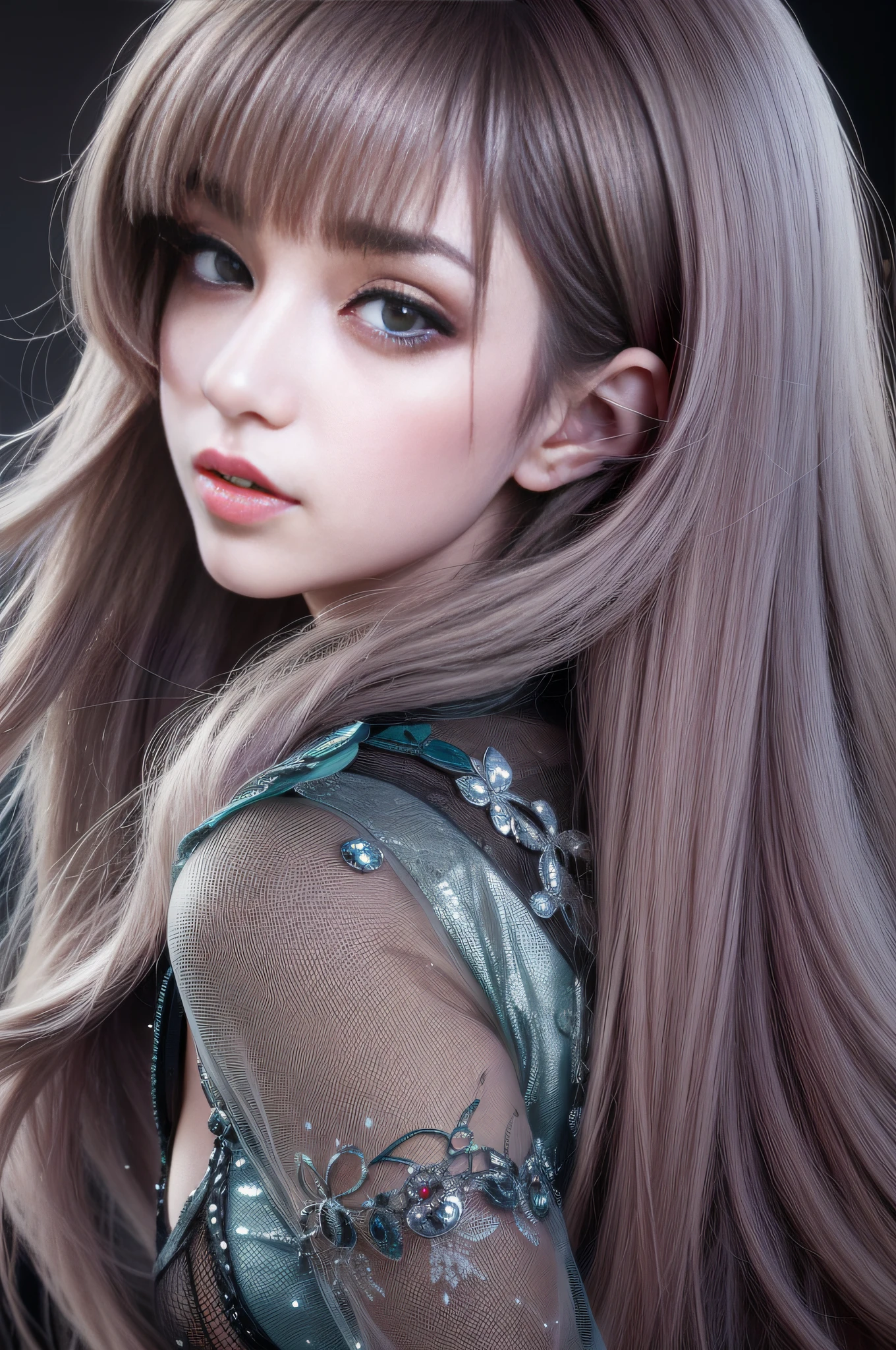 One very beautiful woman, sexy, looking back, absurdly long hair, shiny hair, expressive hair, crystal hair, gradient eyes, Conceptual art, sparkle, UHD, retina, masterpiece, ccurate, anatomically correct, super detail, high details, high quality, award winning, best quality, highres, 1080P, HD, 4K, 8k, 16k, anatomically correct, textured skin