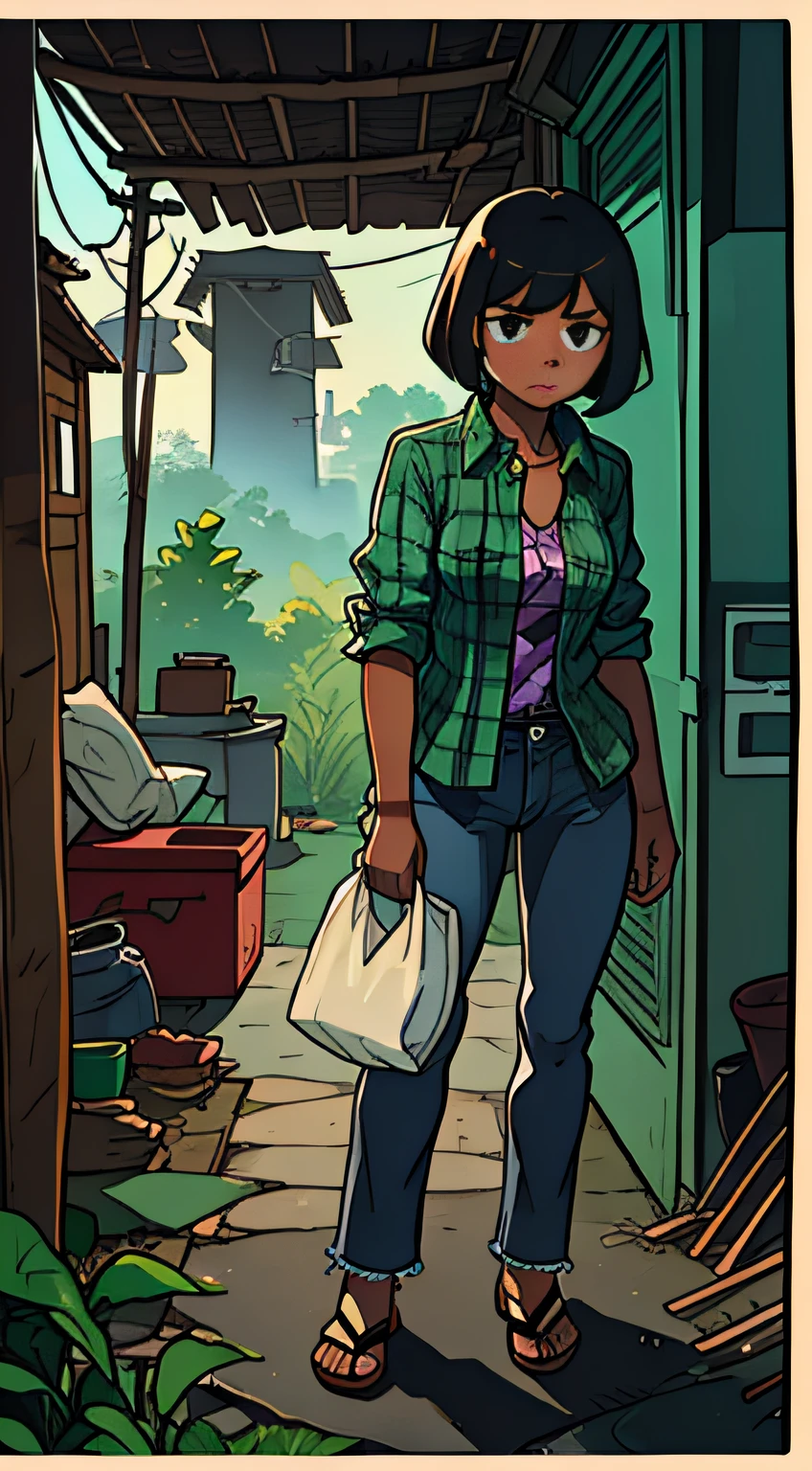 masutepiece、high picture quality、Wide Angle、the detail、
Philippines、Slums、Unclean、raunchy、
Dark-skinned woman、jung、Deformed、((Green checked shirt))、jeans、Brown sandals、telephoto lens、Woman standing、bobhair、Black-haired、Sad look