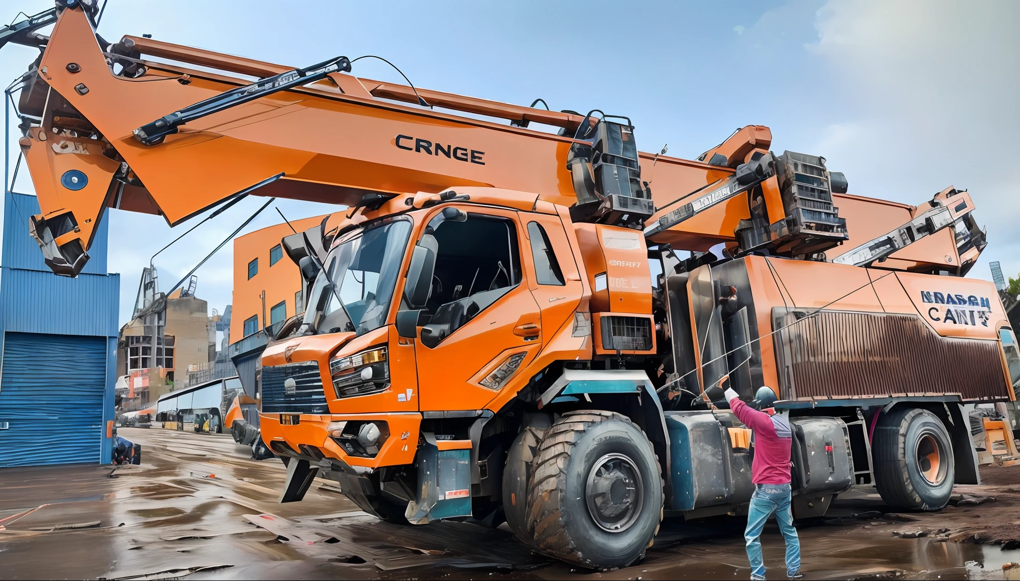 A mecha-wearing beauty leans against a large orange crane, Crane, The crane, huge machine cranes, vibrant and powerful, highly technical, crane shot, powerful and huge, instagram photo, photo taken in 2018, Leaning in the crane, Very powerful, Vibrant and dynamic, heavy machinery, heavy detail, hyper-high detail