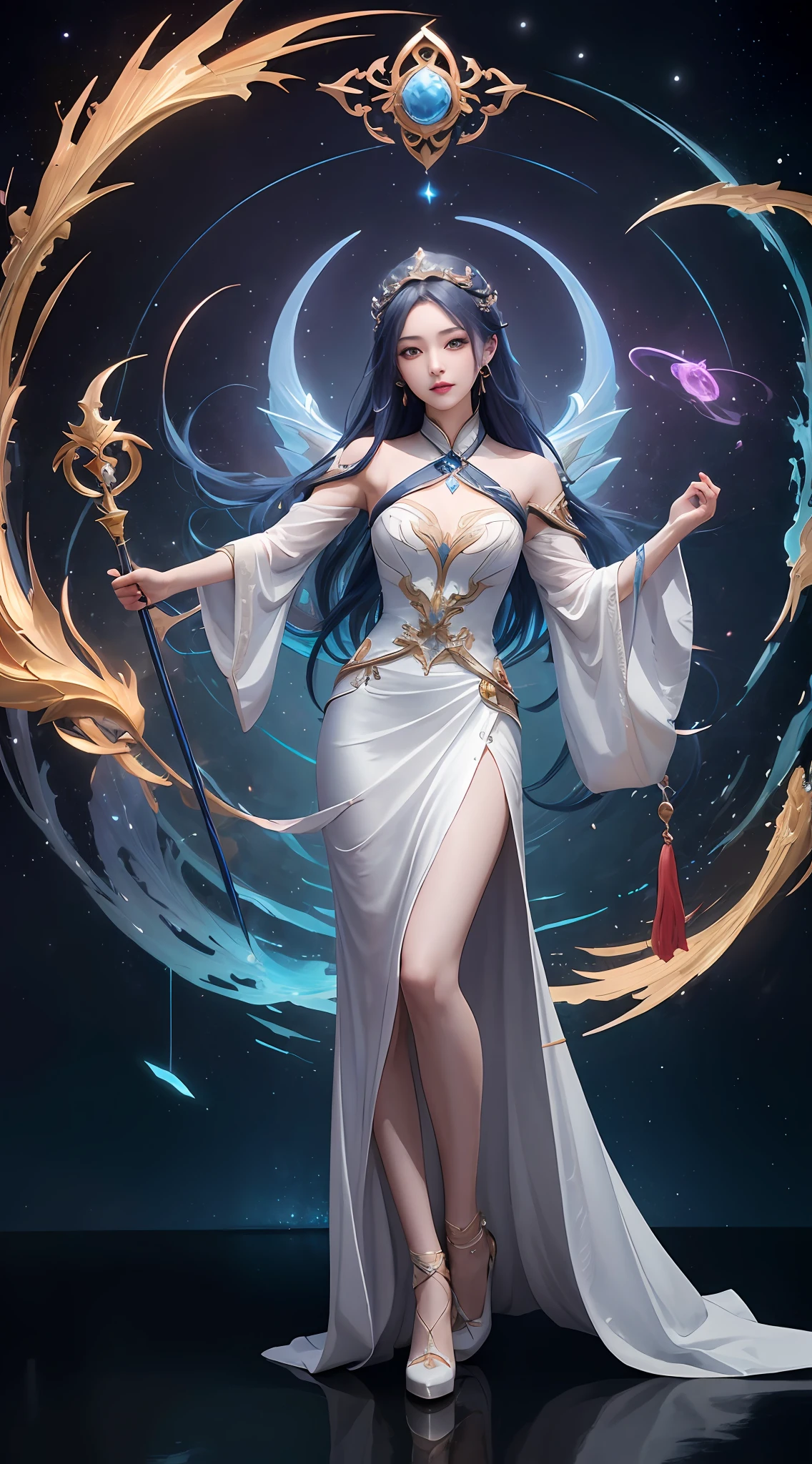 anime - style image of a woman in a white dress with long hair, full body xianxia, goddess. extremely high detail, trending on cgstation, irelia from league of legends, beautiful celestial mage, 8k high quality detailed art, irelia, astral witch clothes, highly detailed exquisite fanart, smooth anime cg art, extremely detailed goddess shot