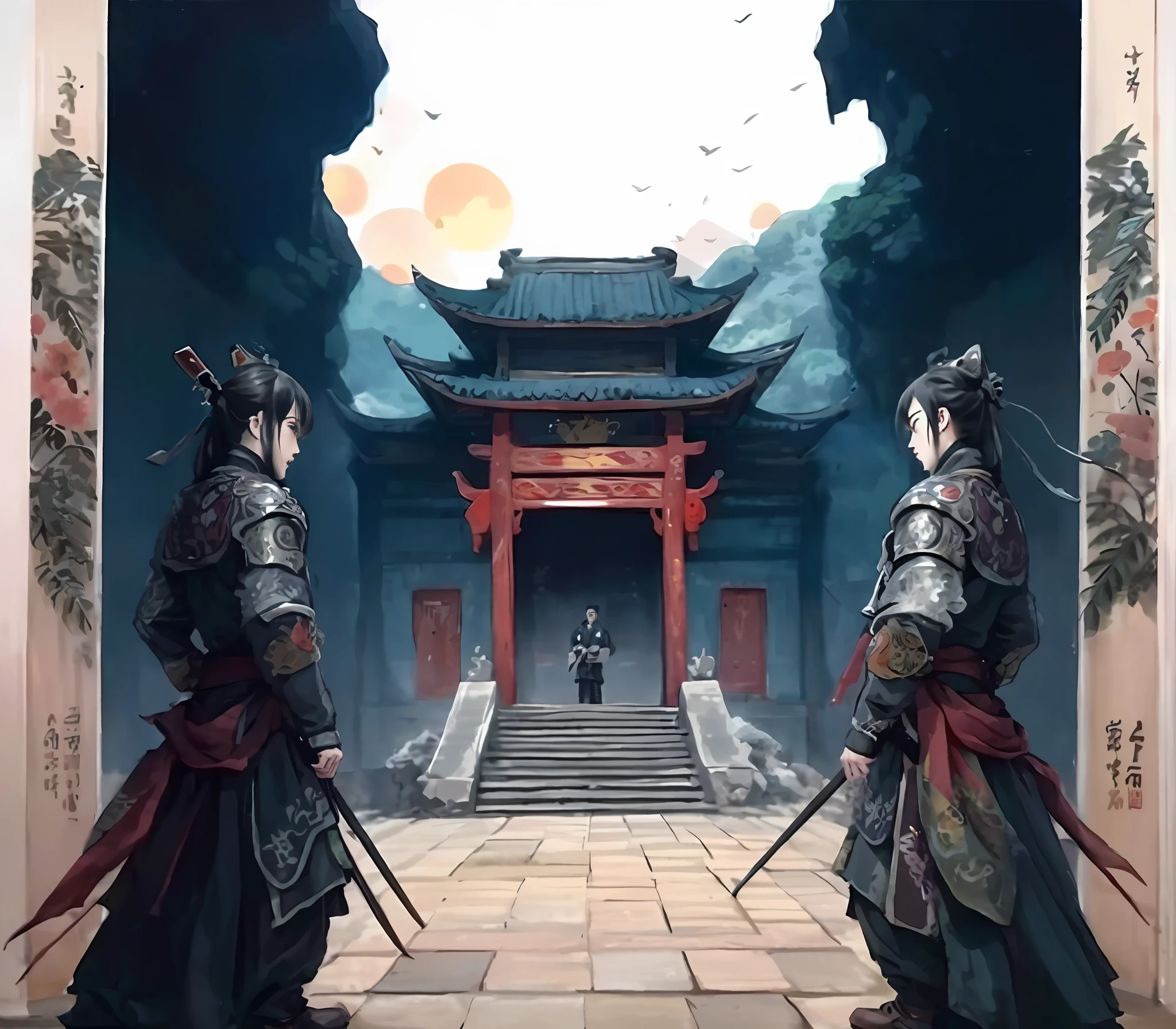 In the Taoist sect,Two heavily armed Asian men stand in front of a building,A wushu competition is coming soon in the Three Kingdoms of China, from three kingdoms, Wuxia, G Liulian art style, Three kingdoms, by Xuande Emperor, author:Qu Leilei, by Yang J, cyberpunk chinese ancient castle, ancient china art style, Chinese fantasy, three kingdom, artwork in the style of z.Show on the. gu