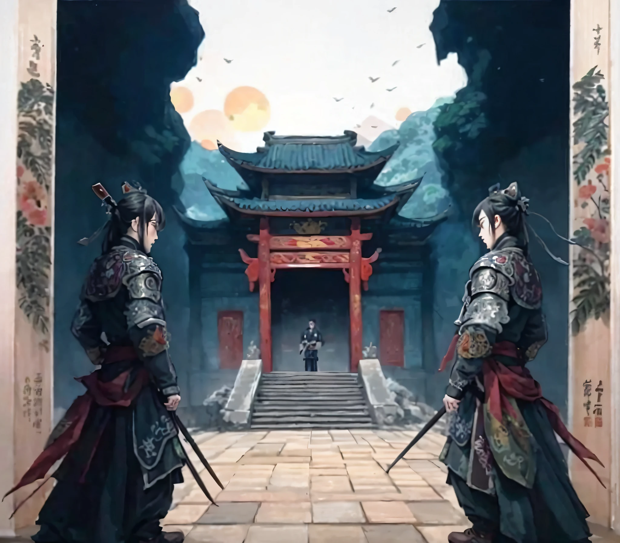 In the Taoist sect，Two heavily armed Asian men stand in front of a building,A wushu competition is coming soon in the Three Kingdoms of China, from three kingdoms, Wuxia, G Liulian art style, Three kingdoms, by Xuande Emperor, author：Qu Leilei, by Yang J, cyberpunk chinese ancient castle, ancient china art style, Chinese fantasy, three kingdom, artwork in the style of z.Show on the. gu