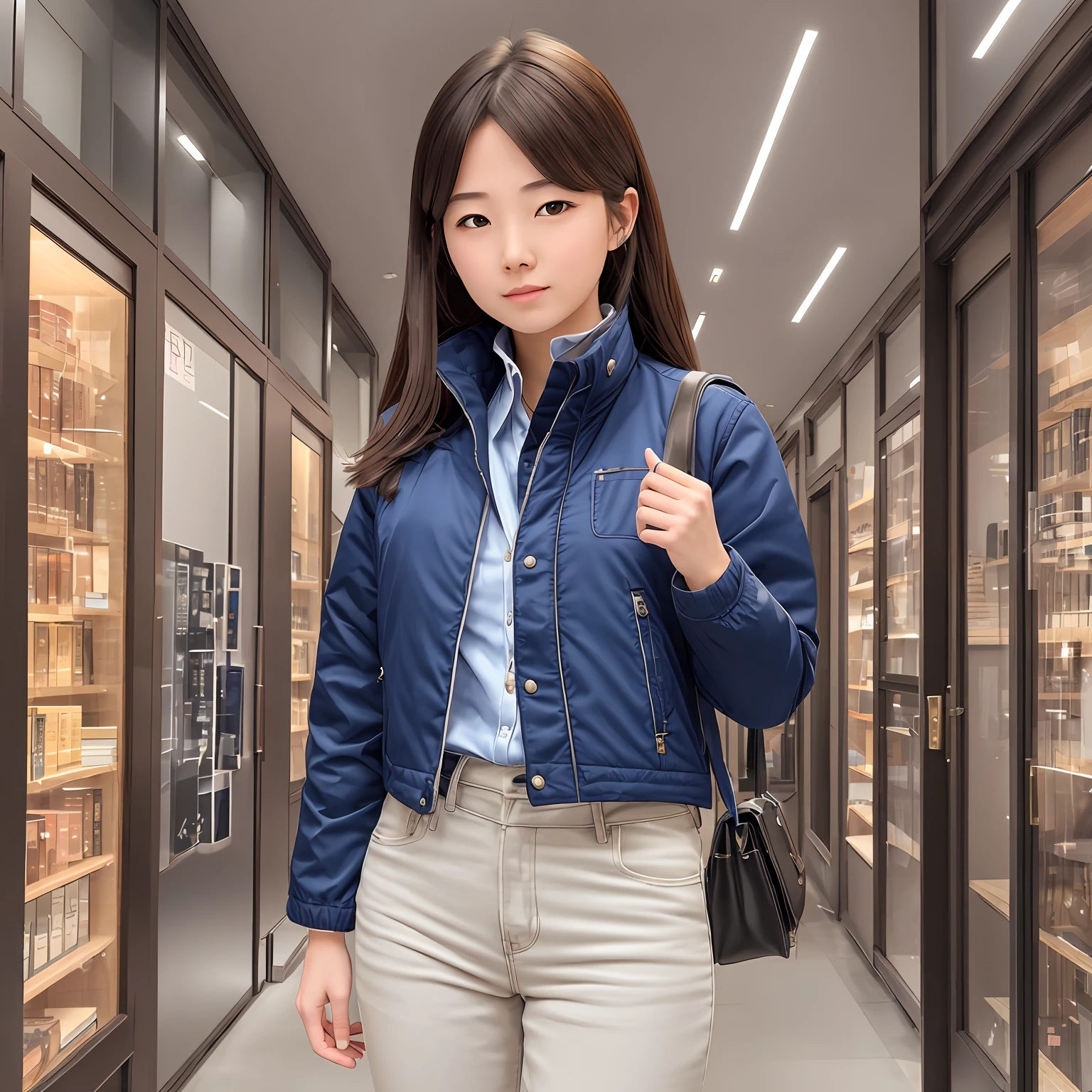 one-girl,Wearing a sky blue down jacket,long whitr hair,Duck egg face,Pale jeans,White board shoes,((with whole body visible)),snowfield,standing on your feet,Look at me --auto
