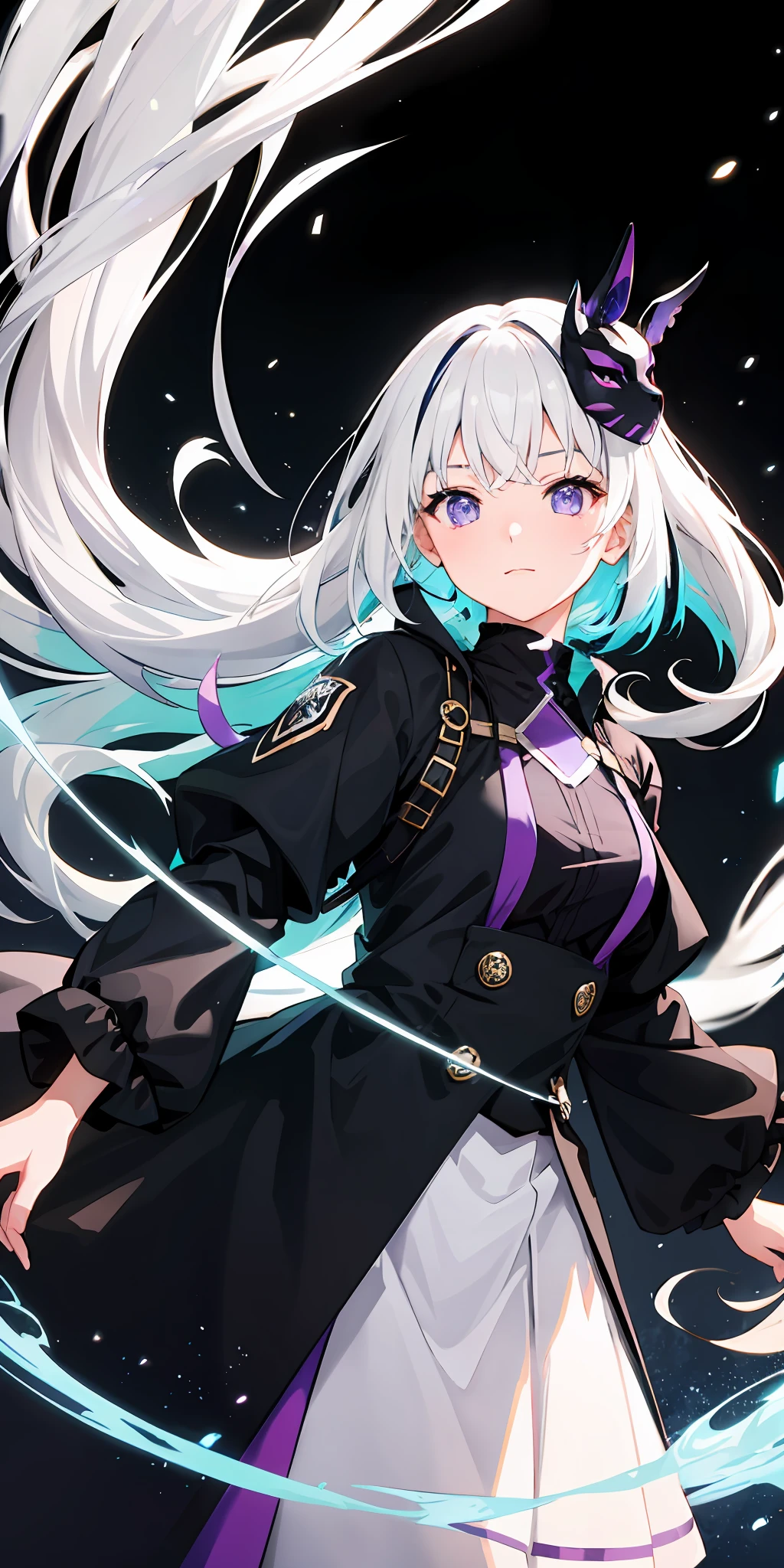 1girl, white hair, multicolored hair, purple eyes, mask on head, sidelighting, light particles, wallpaper,