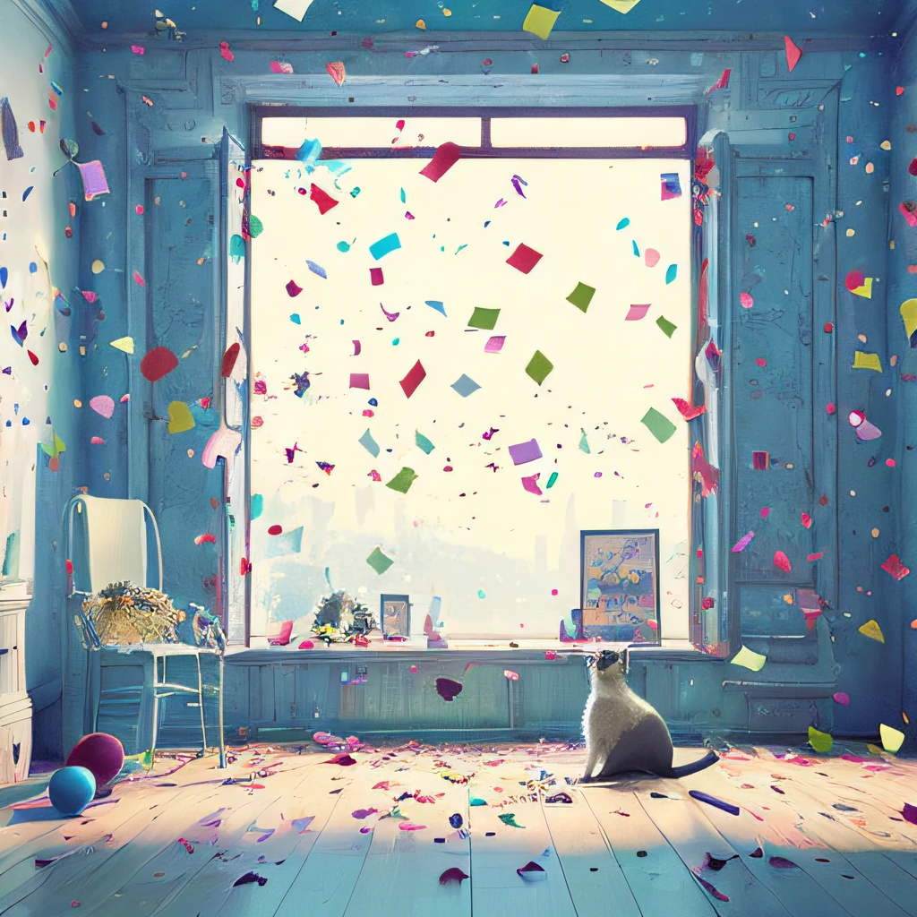 Arafed's room,A cat and confetti fall from the window, sergey kolesov, interior background art, optimistic matte painting, Magical realism style, miss aniela, 3 d render beeple, art contest winner on behance, atey ghailan 8 k, Rutkovsky Ilya Krenz Nikseu Volop, cats party, Magical realist painting --auto