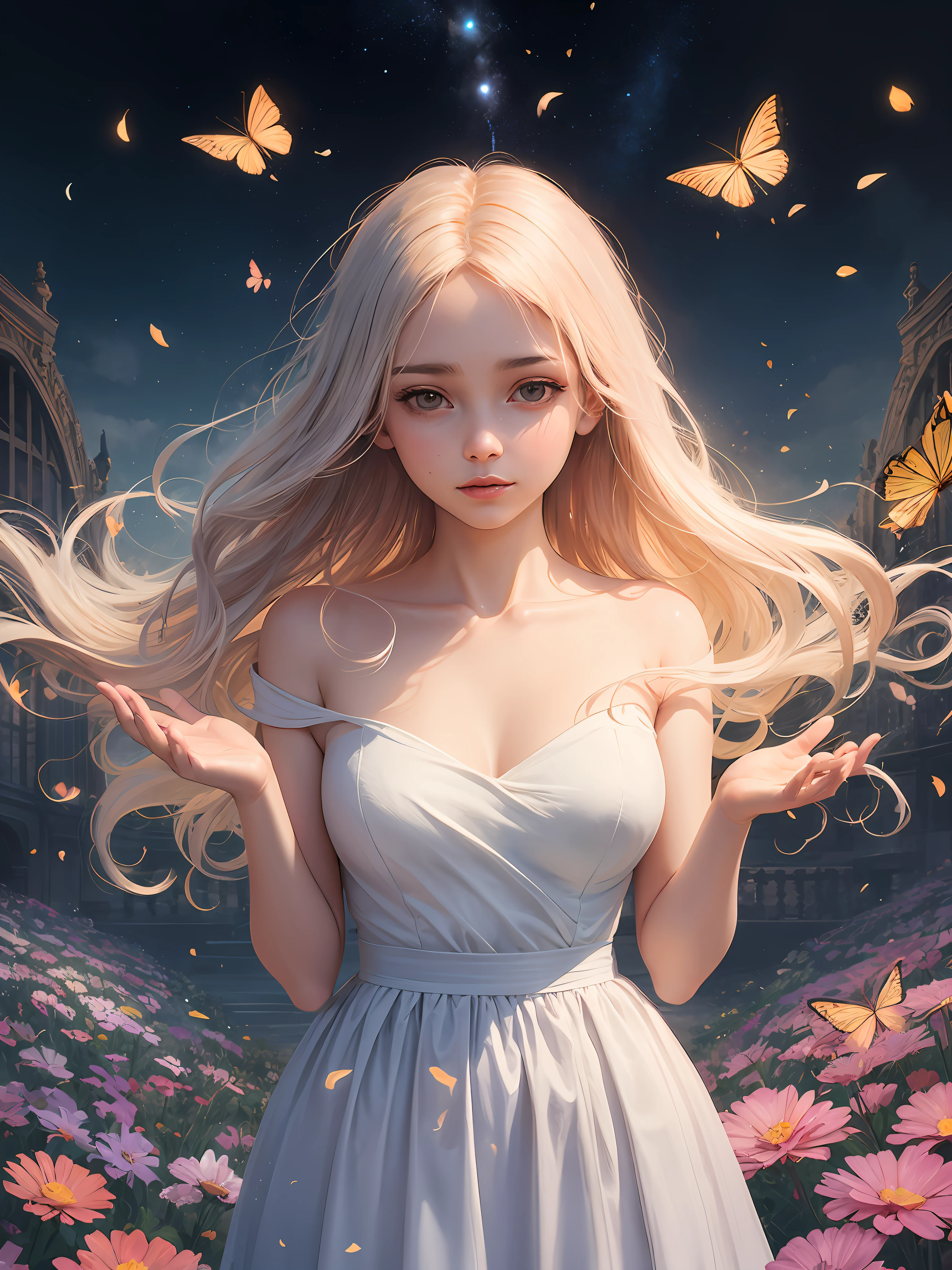 1girl, solo, full body, (masterpiece:1.21), (best quality:1.2), colorful, (illustration:1.2), (cinematic lighting:1.1), (bare shoulders:1.21), (collarbone:1.21) in this whimsical A beautiful and dreamlike garden, the scene is illuminated by a rainbow (colorful fireflies) dancing in the air. Pastel (drizzle) adorns the garden, creating a hazy and ethereal atmosphere. In the center of the picture, stands a single girl, an extremely beautiful girl, with lovely facial features and an innocent expression. Her long hair fluttered in the wind. She wore a low-cut strapless dress that accentuated her curves. The lighting is very delicate and beautiful, creating a soft warm glow that accentuates the water and makes it sparkle like a diamond. The finest grasses are also illuminated to create a lush carpet. The garden is surrounded by colorful flower fields with flowers of all colors and shapes. Various colors and sizes (coloured butterflies) can be seen flying around the scene, adding to the overall sense of wonder and magic. (Everyone, judges), a blush can be seen on the bridge of the nose, and the mouth is slightly opened, which adds to the overall sense of innocence and youth. Falling petals can be seen waving around her, adding to the overall sense of romance and beauty. The breeze is blowing, the leaves are rustling, and the flowers are swaying, adding to the overall dynamism and vitality. It is a scene of pure wonder and magic, full of color and beauty, where the viewer can lose themselves in this enchanting and captivating world.