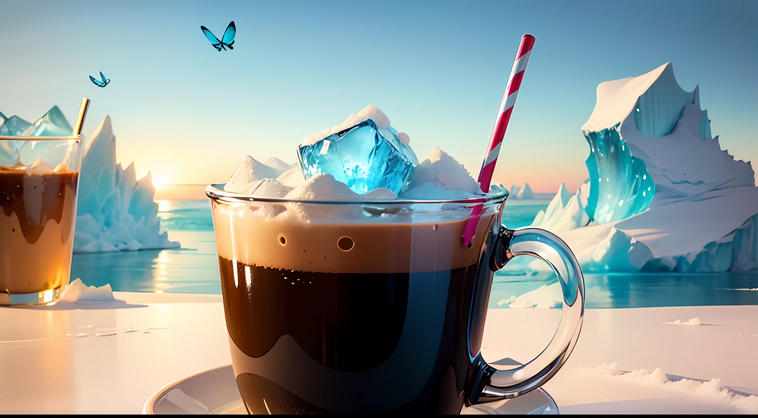 A coffee，Above the iceberg，Blue butterflies fly over it，Icy blue theme，Light blue sky background，Surrounded by icebergs， Blue ocean，blue liquid and snow，icy， ice coffee， Blue-Ice，algidity --auto