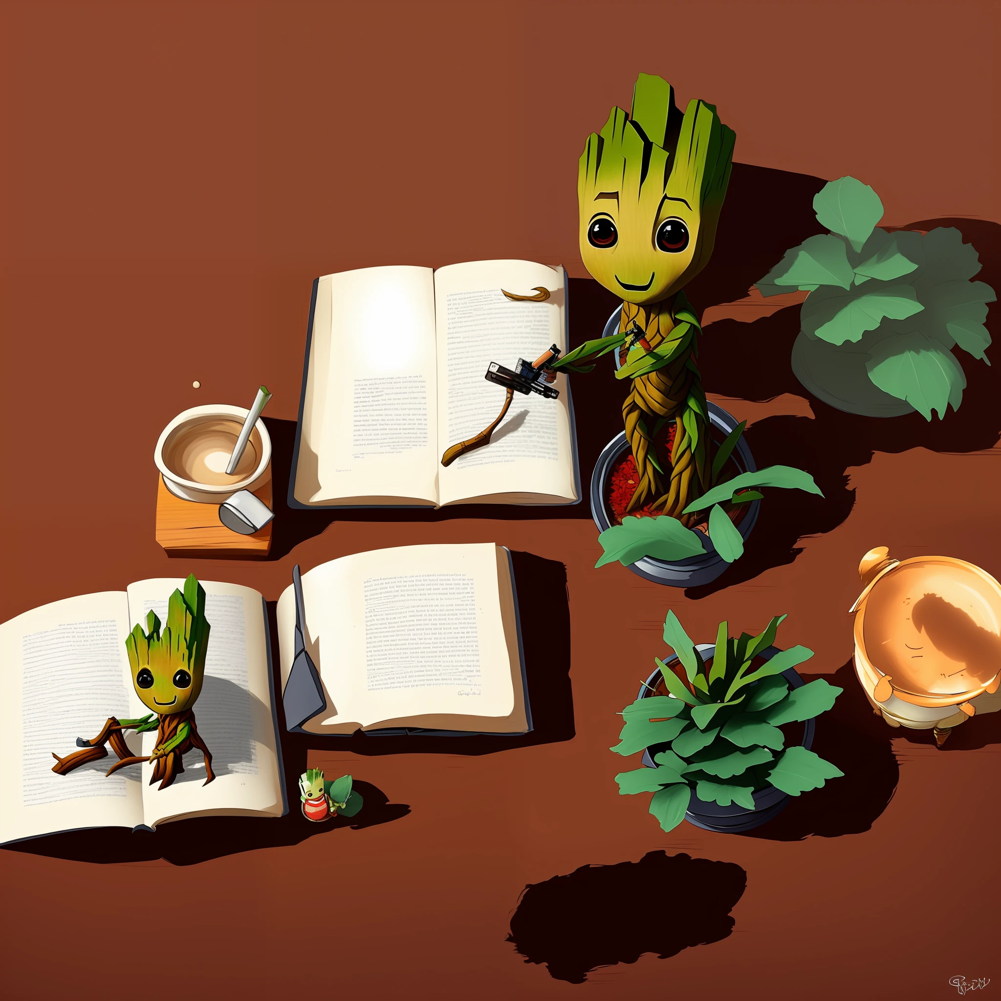 (chibiSJstyle:1.1) Baby Groot reading a book, cute, By Greg rutkowski