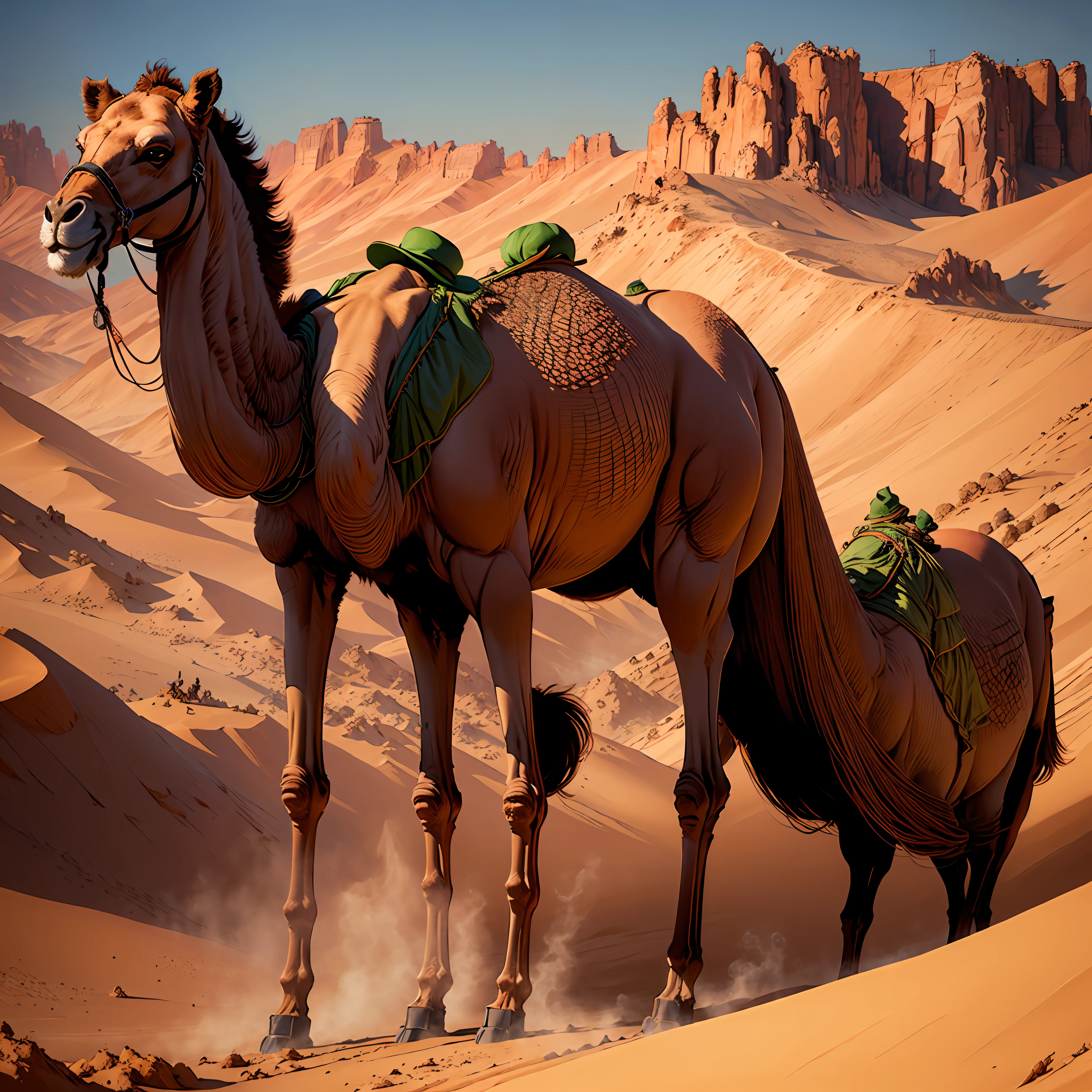 A desert，Camels with green hats --auto