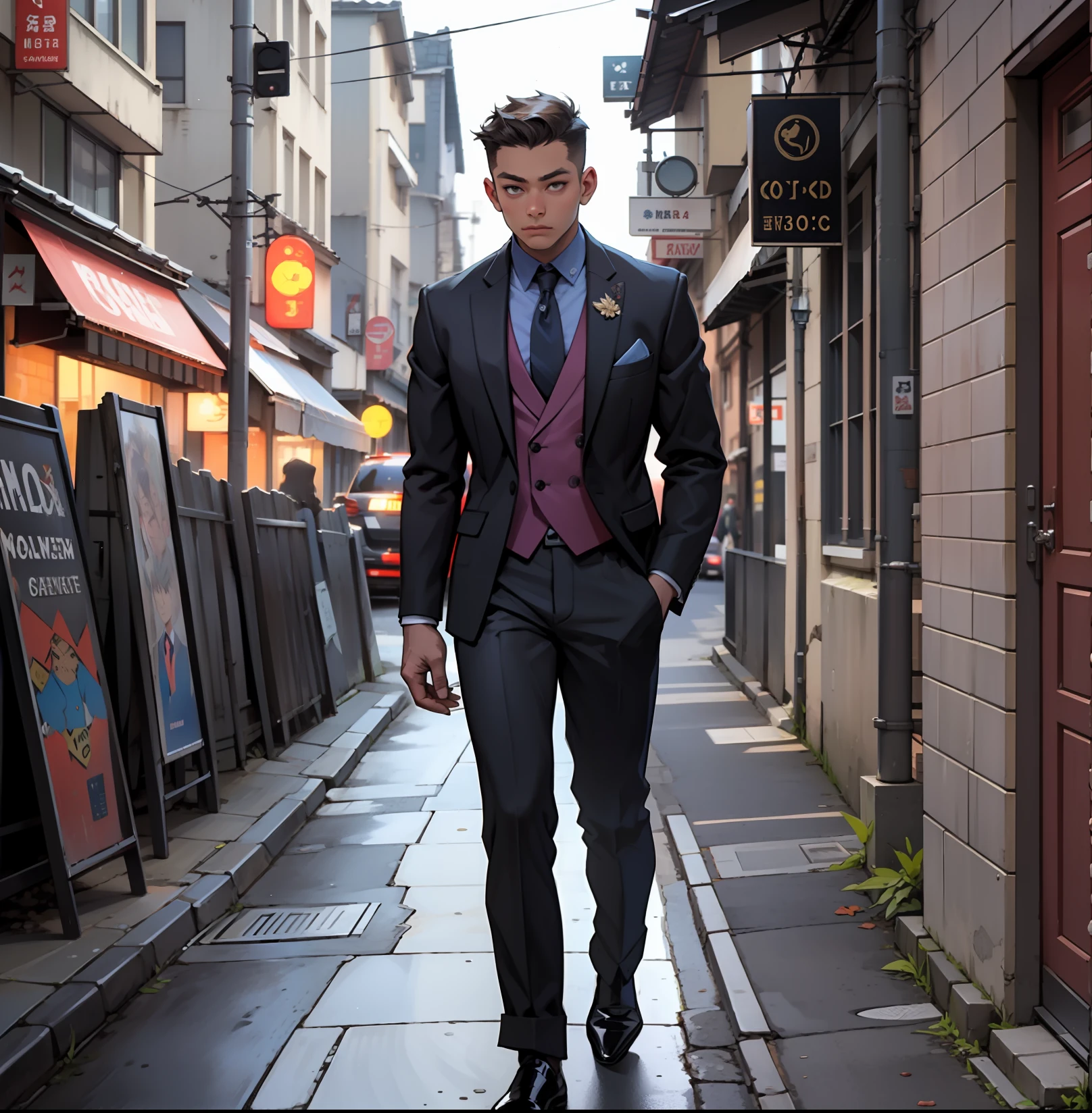 realisticlying,(best qualtiy,tmasterpiece:1.3),Libido boy,(dressed in a suit)(walking at street)