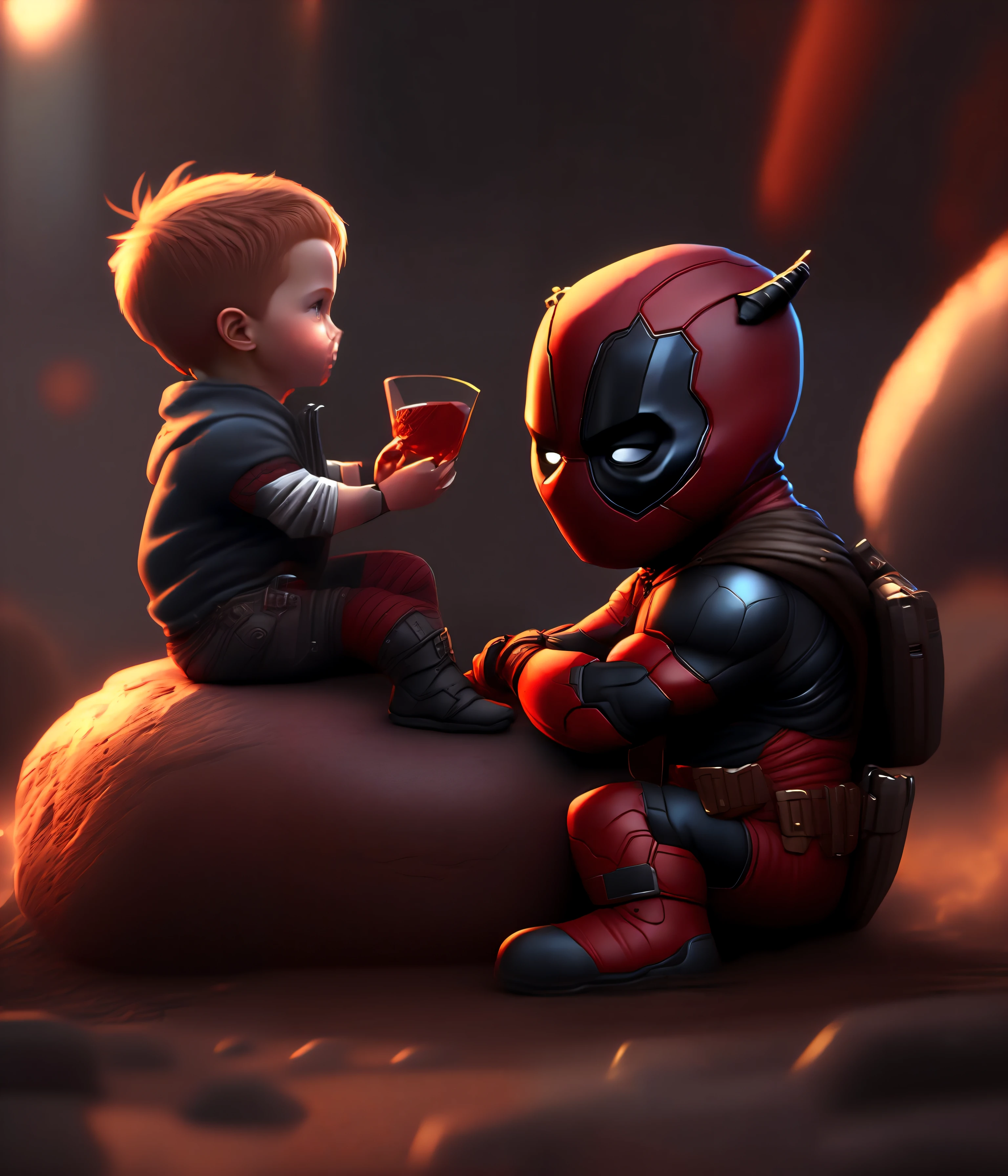 cinematic shot of  realistic cute deadpool , surounded by fire, seamless, epic, cinematic, intricate detail, award winning, great lighting, shading, high quality, detailed