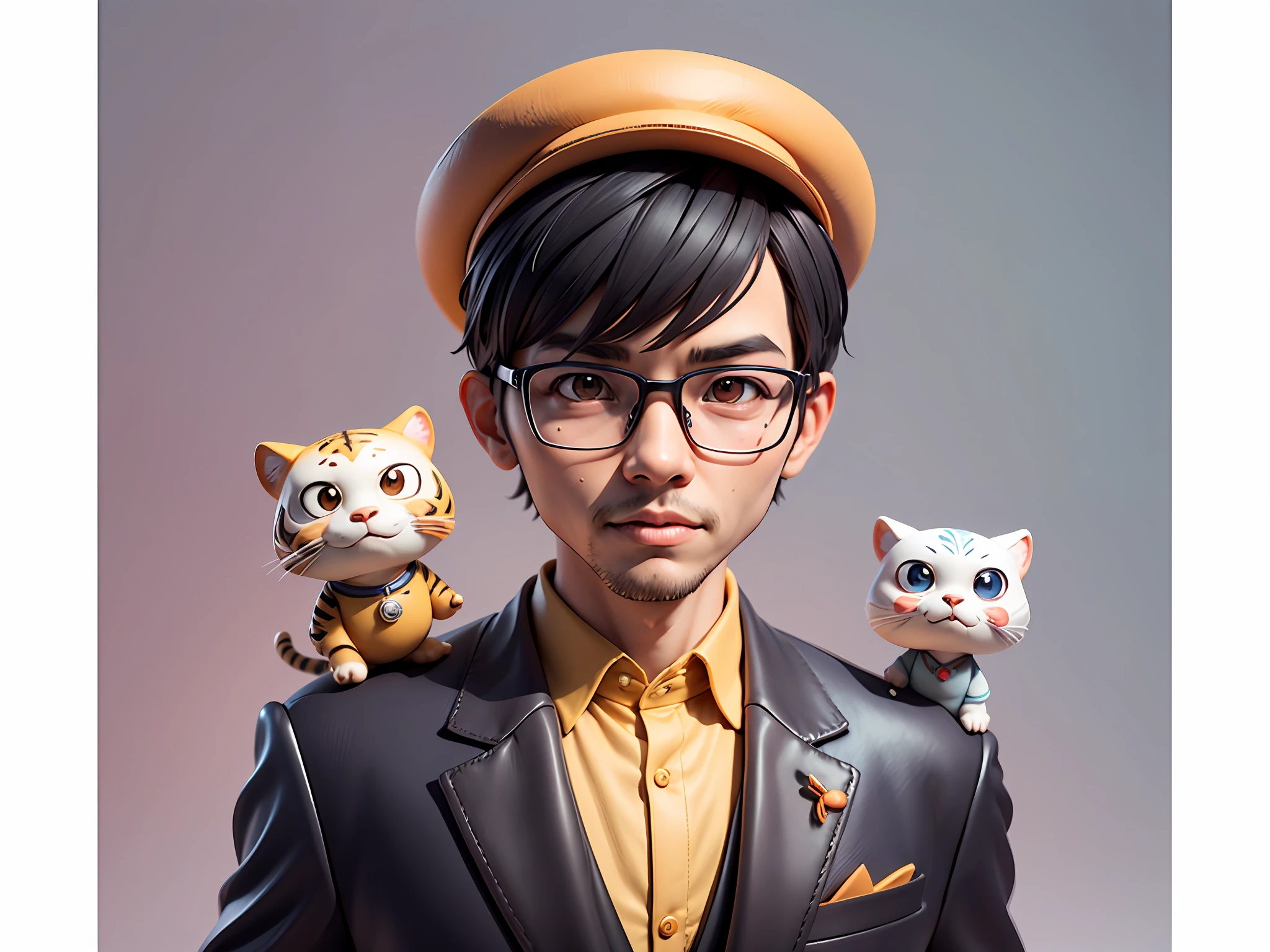 Young man with oriental face in leather hat, tiger, oriental face in formal suit, short black hair, silver glasses, digital painting, 3D character design by Mark Clairedon and Pixar and Hayao Miyazaki and Akira Toriyama, the illustration is a high-definition illustration in 4K resolution with very detailed facial features and cartoon-style visuals.