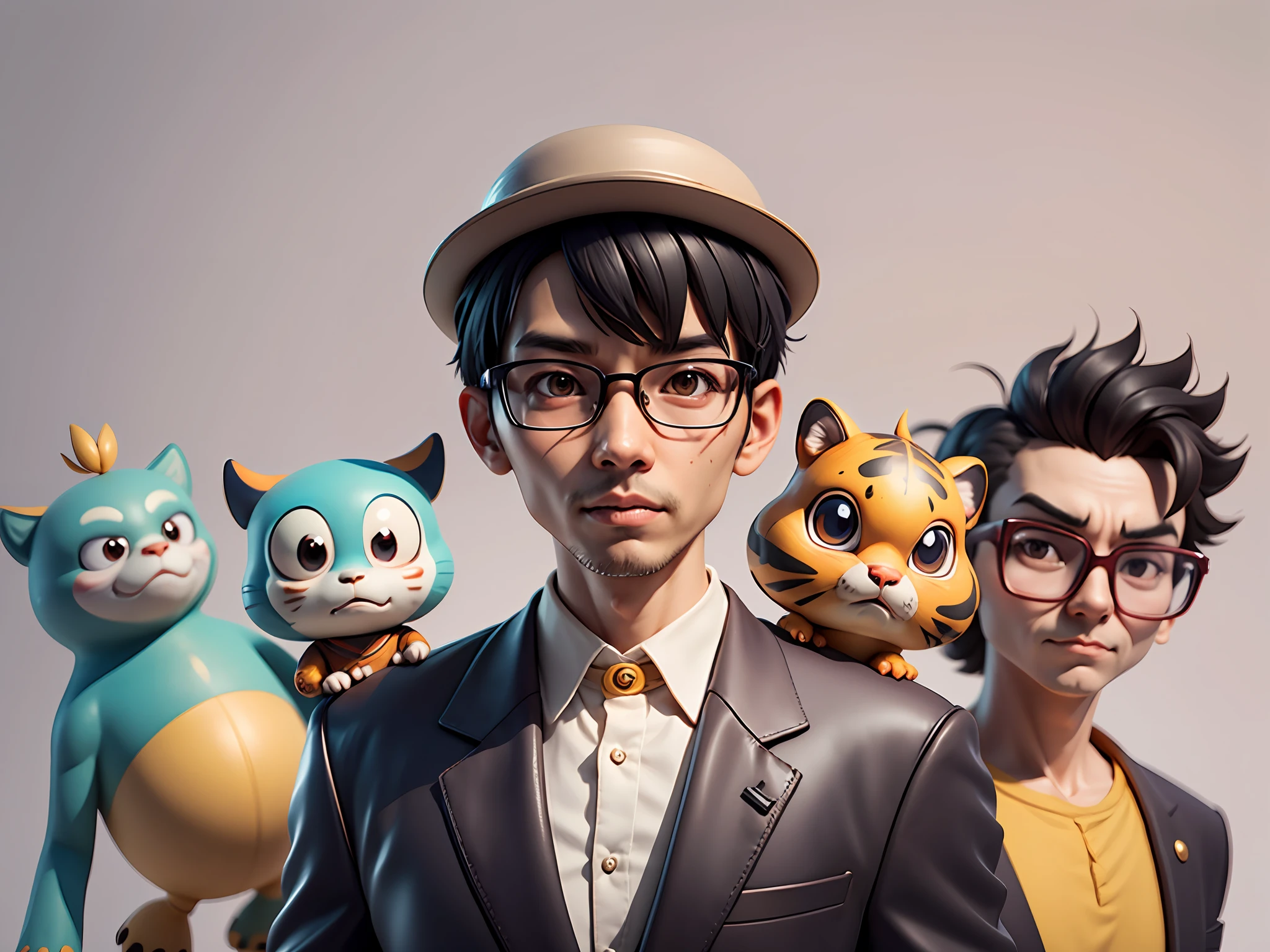 Young man with oriental face in leather hat, tiger, oriental face in formal suit, short black hair, silver glasses, digital painting, 3D character design by Mark Clairedon and Pixar and Hayao Miyazaki and Akira Toriyama, the illustration is a high-definition illustration in 4K resolution with very detailed facial features and cartoon-style visuals.