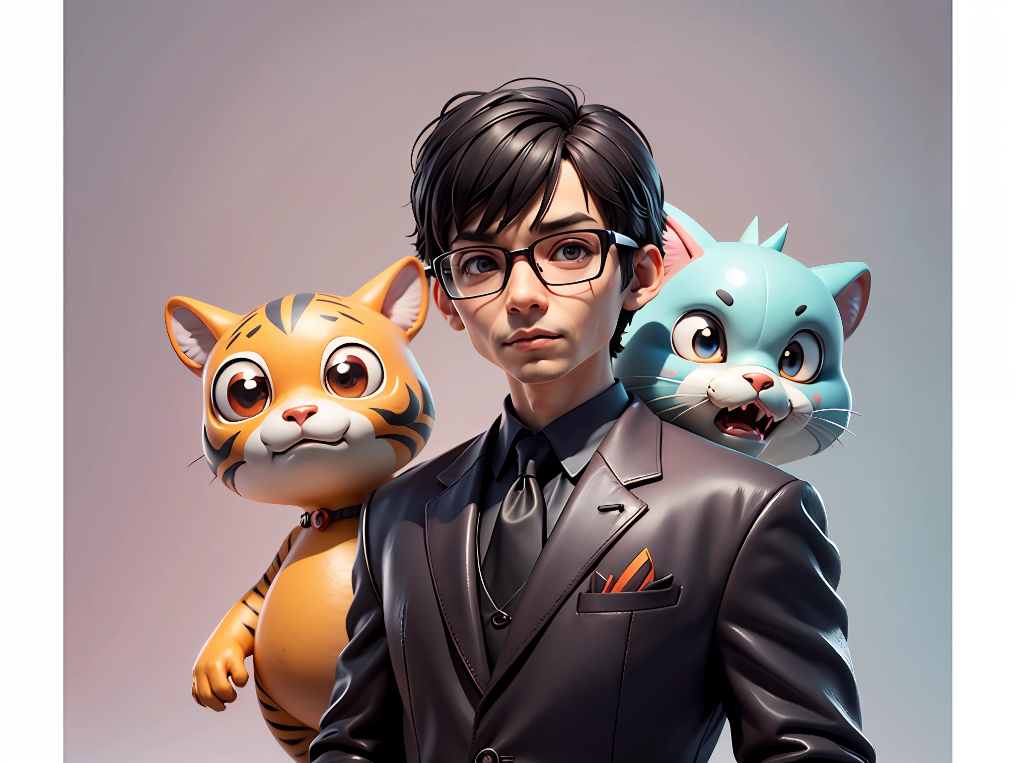 Young man with oriental face in leather hat, tiger, oriental face in formal suit, short black hair, silver glasses, digital painting, 3D character design by Mark Clairedon and Pixar and Hayao Miyazaki and Akira Toriyama, the illustration is a high-definition illustration in 4K resolution with very detailed facial features and cartoon-style visuals.