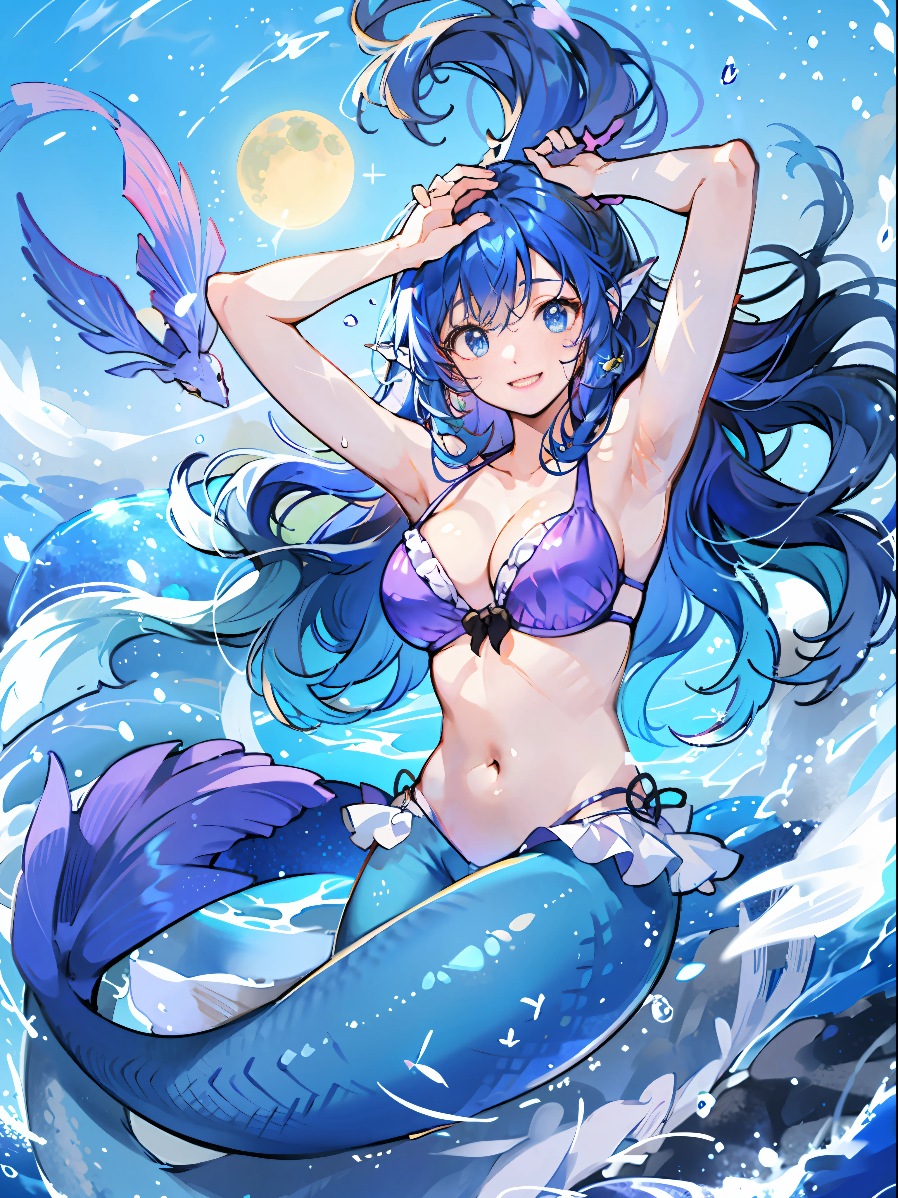 masterpiece、ultra-quality、ultra-detailliert、Perfect drawing、独奏、mermaid、Upper body beauty、The lower body is a fish、Arms raised wide、Open armpits、Raking up hair、((pretty bikini))、((bulging bust top))、A smile、18year old、blue-sky、cumulonimbus clouds、glowing sun、shores、the reef、beatiful backgrounds、Accurate drawing、Detailed drawing