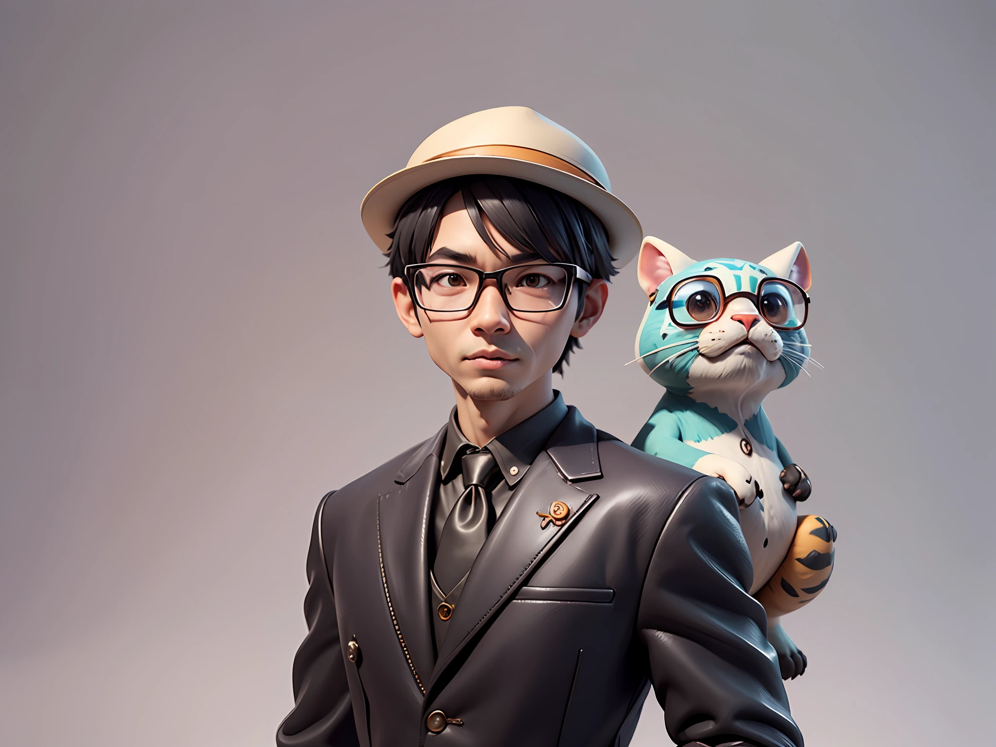 Young man with oriental face in leather hat, tiger, oriental face in formal suit, short black hair, silver glasses, digital painting, 3D character design by Mark Clairedon and Pixar and Hayao Miyazaki and Akira Toriyama, the illustration is a high-definition illustration in 4K resolution with very detailed facial features and cartoon-style visuals.