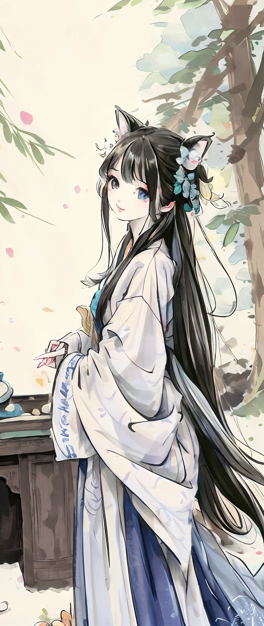 ((4K,Masterpiece,Best quality)), shuimobysim, Traditional Chinese painting, lotuses, Hanfu, Large blue translucent eyes, Dress conservative 1 girl， Beautiful and delicate face, 独奏, Bright white hair, fox ear, white colors, The fish, There are a lot of fish near the girl, looking at the viewer only,adorable round face,