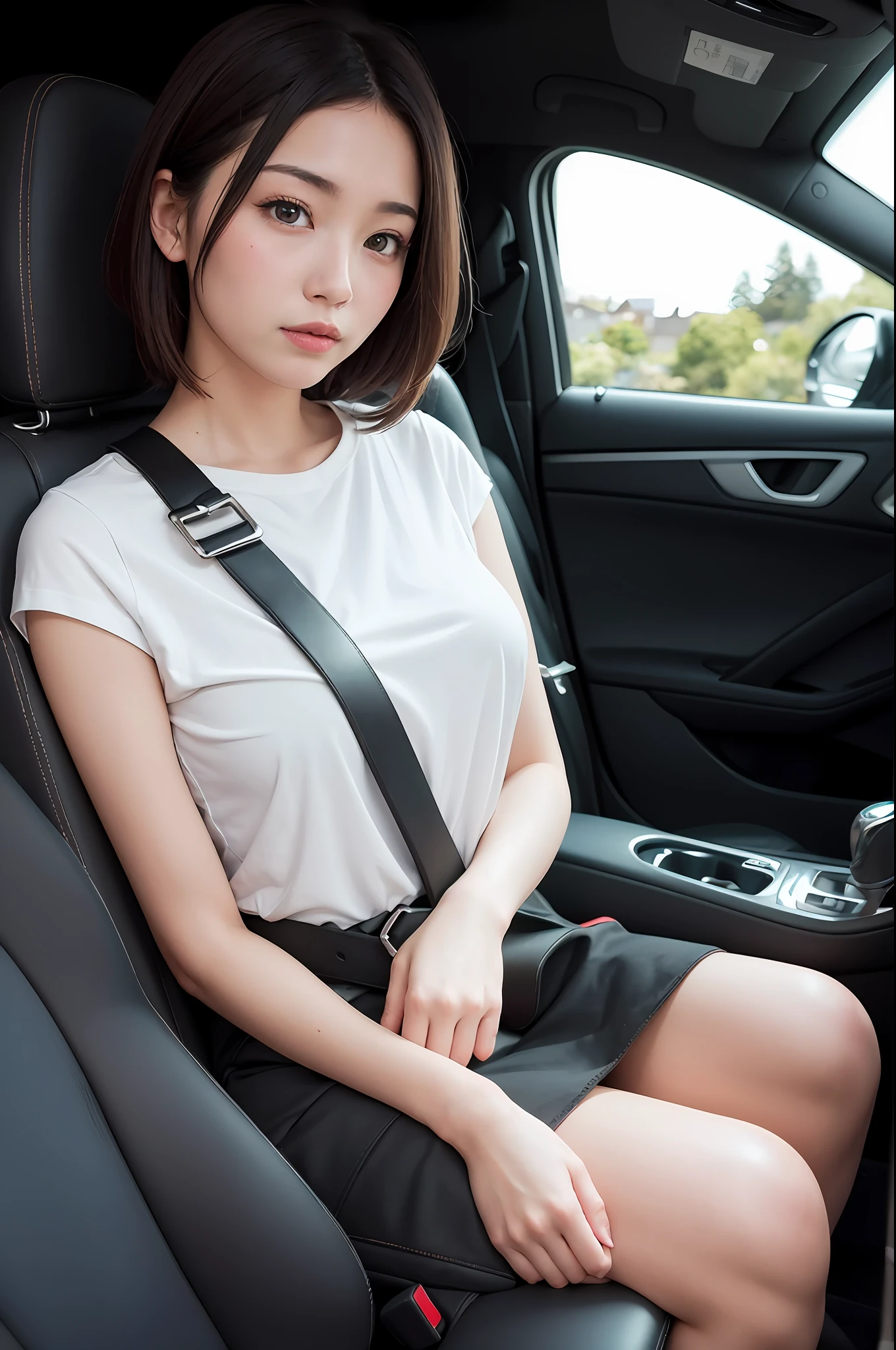 (8K, highest quality, masterpiece: 1.3), (realistic, photorealistic: 1.4), ultra high definition, 1 girl, (japanese female), (hanging breasts), (high-definition cute face), shirt, (seat belt), (fastened seat belt diagonally: 1.2), sitting in a seat, in a car, professional lighting, high-definition fingers, high-definition eyes, high-definition teeth, upper body