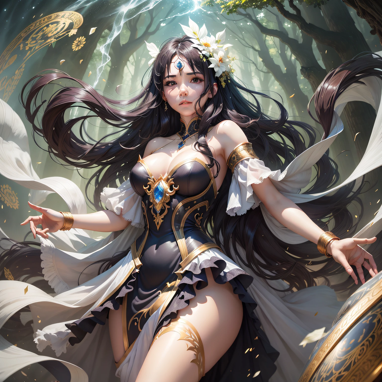Sunnyday,On the green prairie,Long hair fluttering against the wind,Female with long black hair,Slender figure,a white long skirt,Elegant posture,The look is ethereal,Nature combined with real people --auto