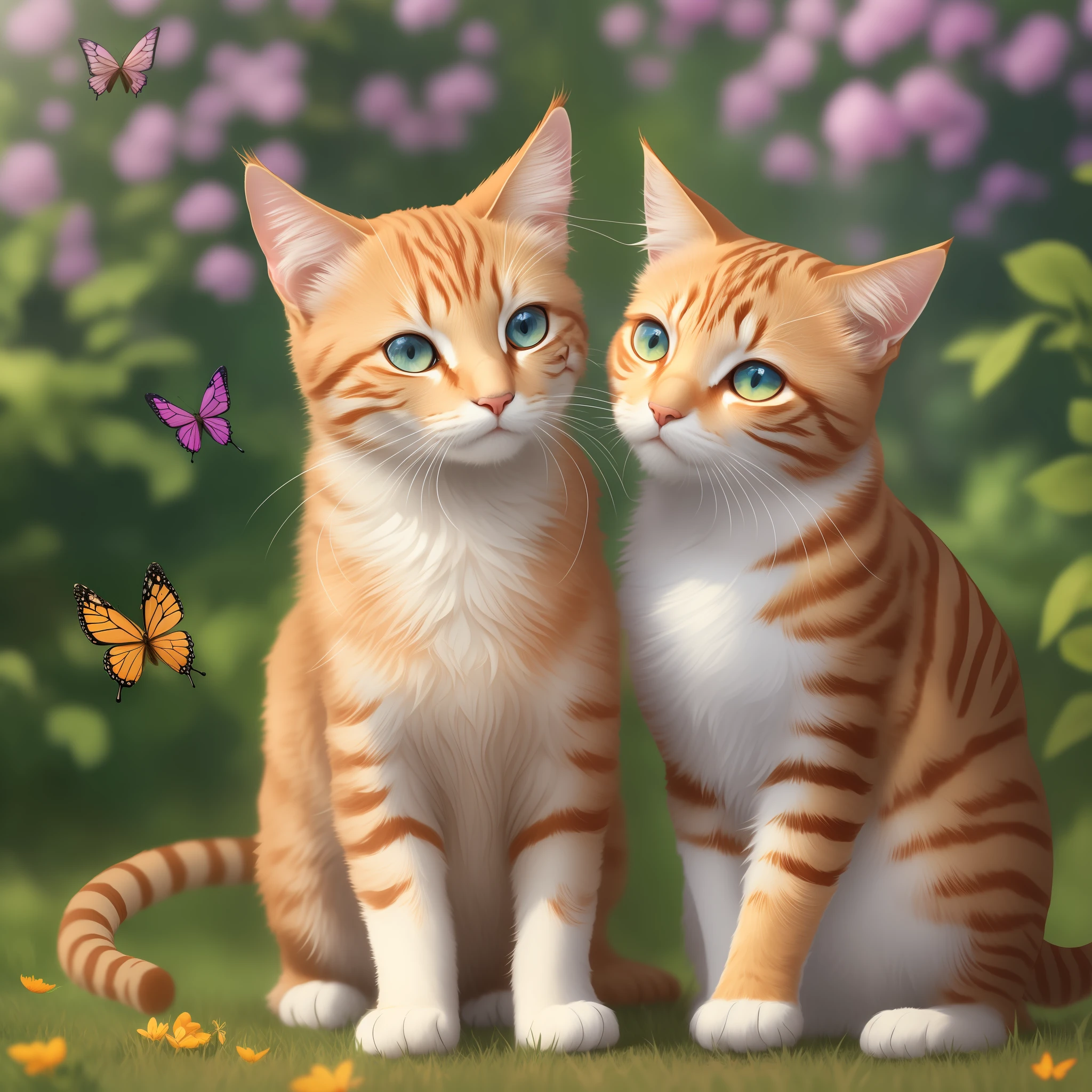 (extremely detailed CG unity 8k wallpaper, masterpiece, best quality), high resolution, beautiful sunny day,orange tabby cat,playing with butterfly, outdoor scenery, natural light,fluffy fur,gentle touch,twinkling eyes,satisfying movements.