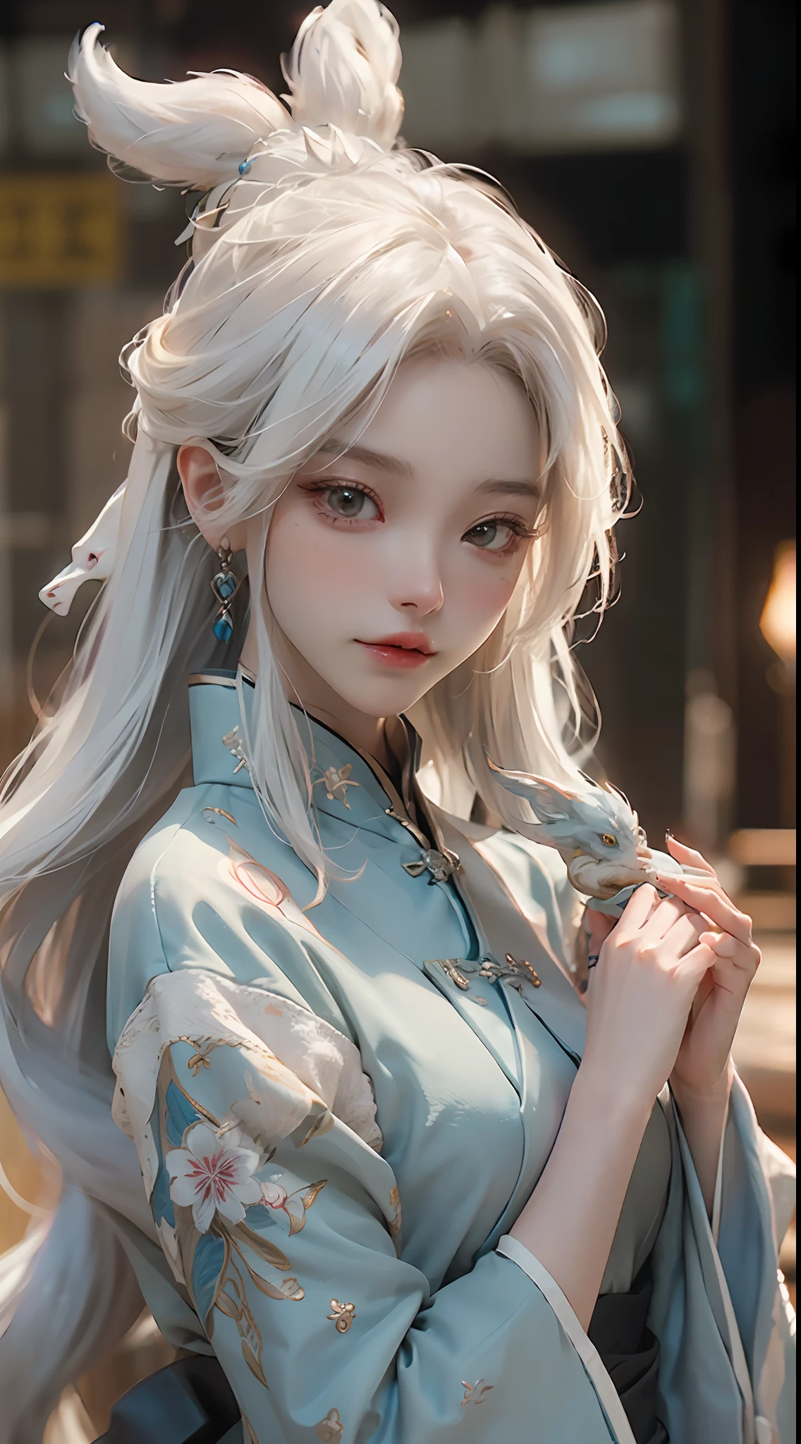 tmasterpiece,Best quality,(the detail:1.4), Make friends with Chinese dragons,intriguing,cheerfulness,Charming,brightly,drak,Close-up of a woman with white hair,Belle peinture de personnage,Guviz-style artwork,White-haired god,Epic and beautiful character art,Stunning character art,Ray traching,NVIDIA RTX,Hyper-Resolution,Unreal 5,Subsurface scattering、PBR Texture、post-proces、Anisotropy Filtering、depth of fields、maximum definition and sharpness、The costumes and facial expressions of the characters are very detailed,Displays a detailed description,Many-Layer Textures、Albedo e mapas Speculares、Surface coloring、Accurate simulation of light-material interactions、perfectly proportions、rendering by octane、Two-colored light、largeaperture、Low ISO、White balance、the rule of thirds、8K raw data