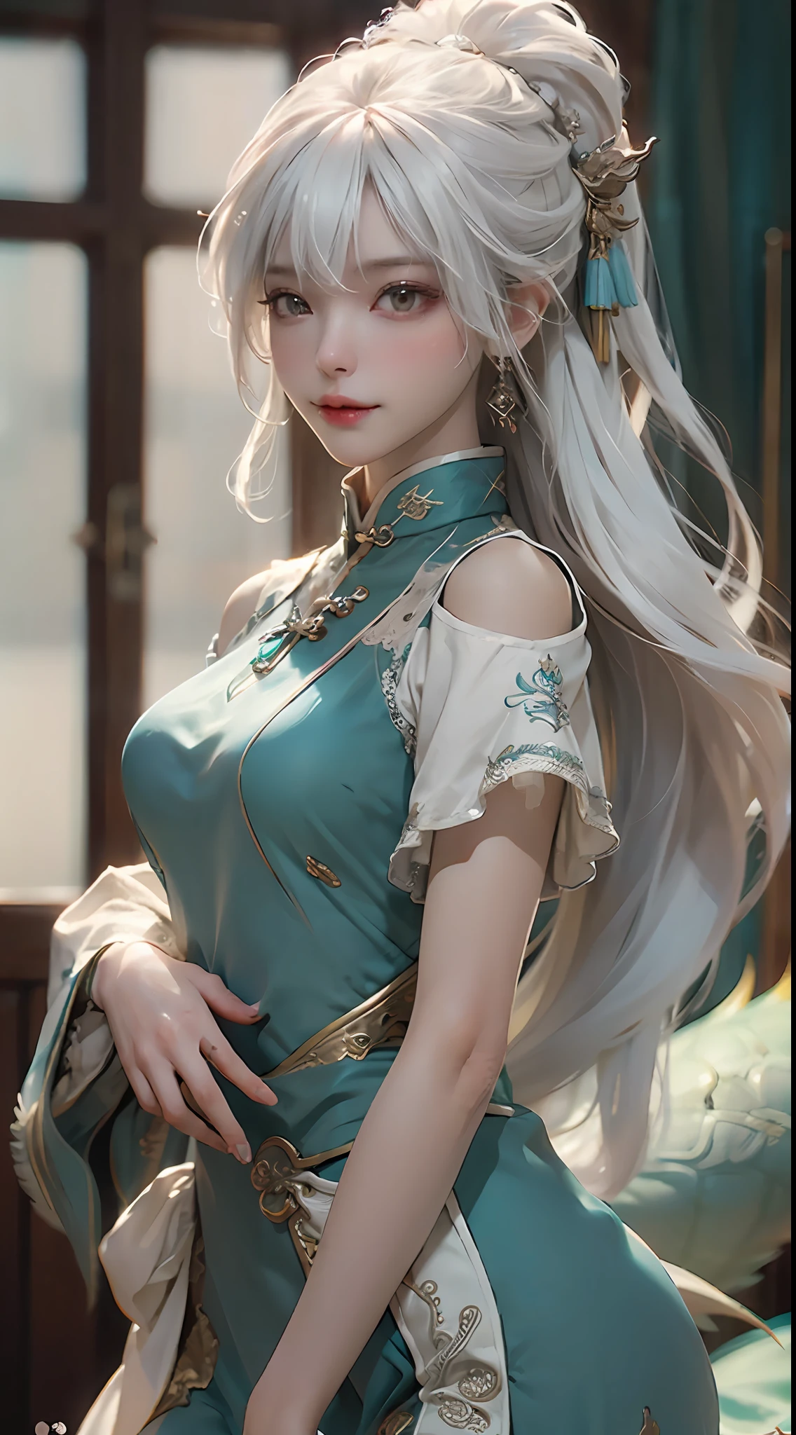 tmasterpiece，Best quality，(the detail:1.4), Make friends with Chinese dragons，intriguing，cheerfulness，Charming，brightly，drak，Close-up of a woman with white hair，Belle peinture de personnage，Guviz-style artwork，White-haired god，Epic and beautiful character art，Stunning character art，Ray traching,NVIDIA RTX,Hyper-Resolution,Unreal 5,Subsurface scattering、PBR Texture、post-proces、Anisotropy Filtering、depth of fields、maximum definition and sharpness、The costumes and facial expressions of the characters are very detailed，Displays a detailed description，Many-Layer Textures、Albedo e mapas Speculares、Surface coloring、Accurate simulation of light-material interactions、perfectly proportions、rendering by octane、Two-colored light、largeaperture、Low ISO、White balance、the rule of thirds、8K raw data