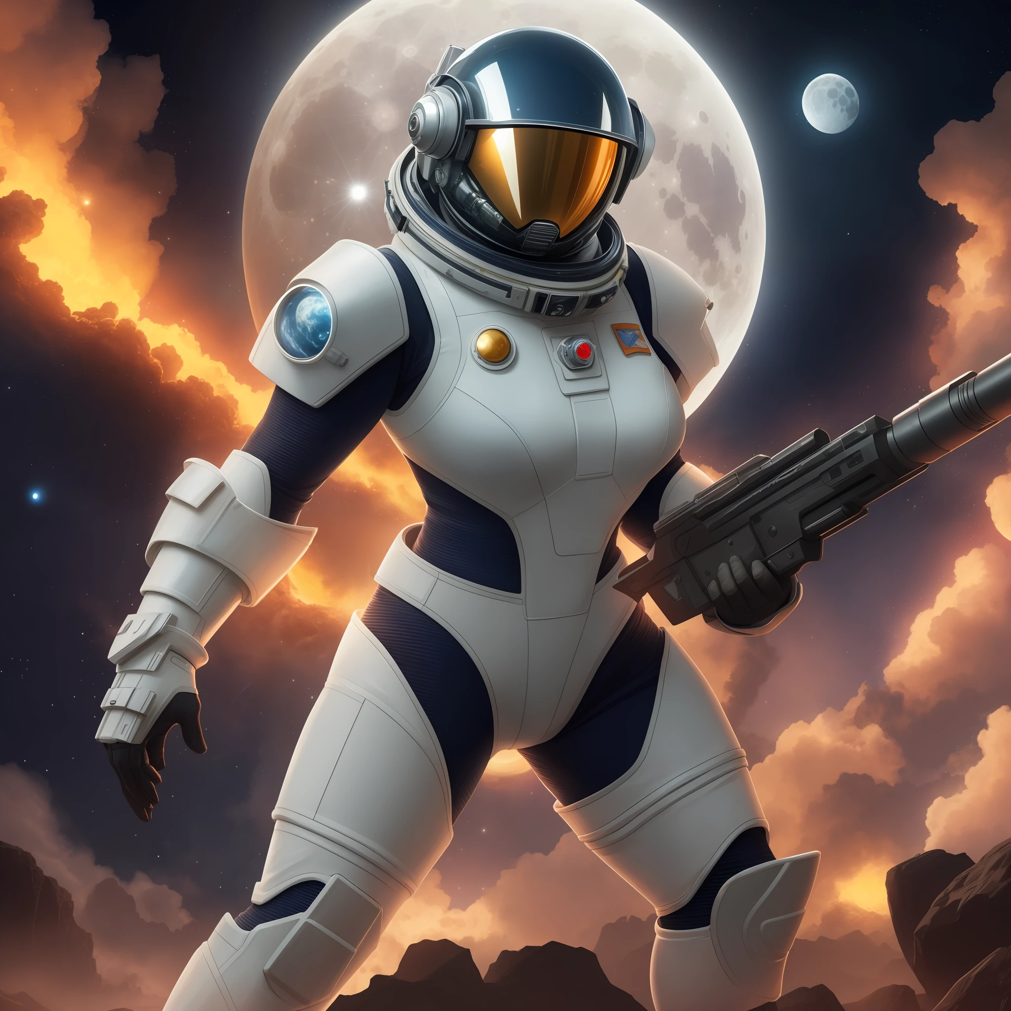 Woman in a space suit, power armour, mirrored visor, large gun, lasers, moon surface, action scene, alien monsters