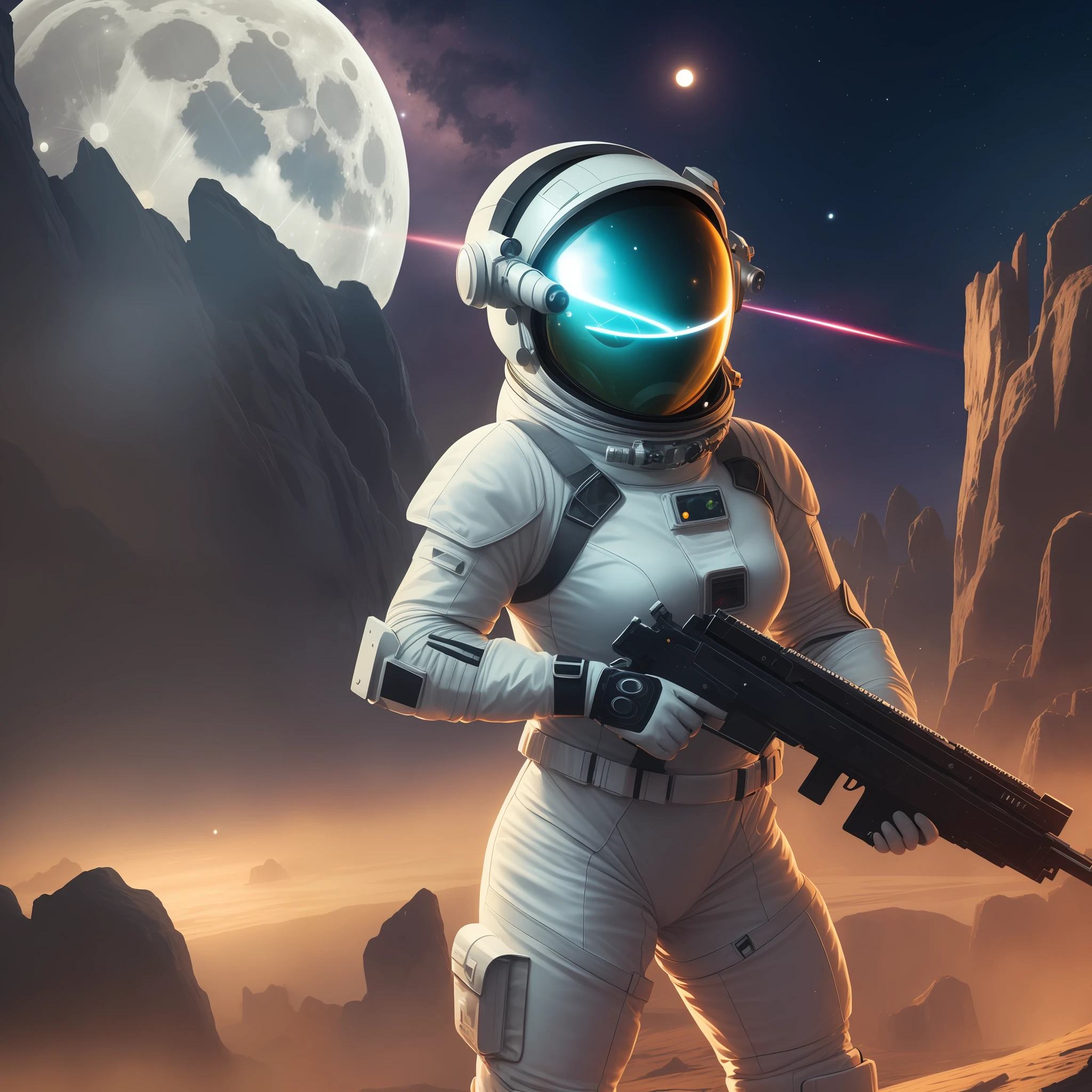 Woman in a space suit, power armour, mirrored visor, large gun, lasers, moon surface, action scene, alien monsters