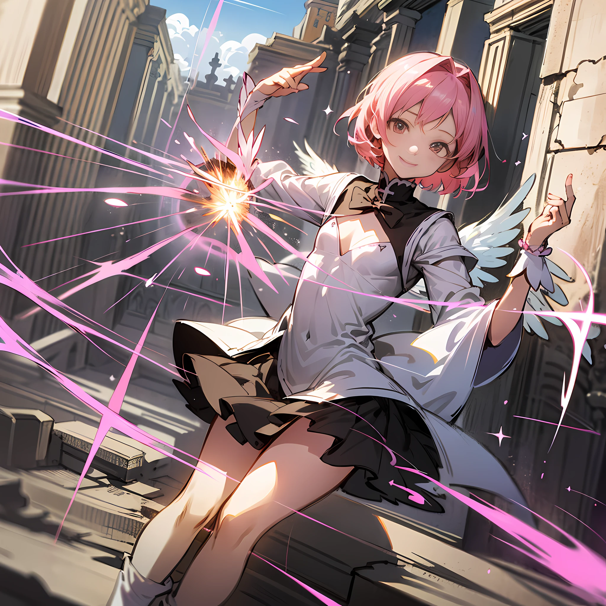 (masutepiece,hight resolution,precise drawing,high-detailed rendering), Madoka Shikame、wings of light,(Sacred Effects:1.5),flat chest, skinny,use magic at ancient ruins、in fighting、A smile、Pink hair、Looking for another