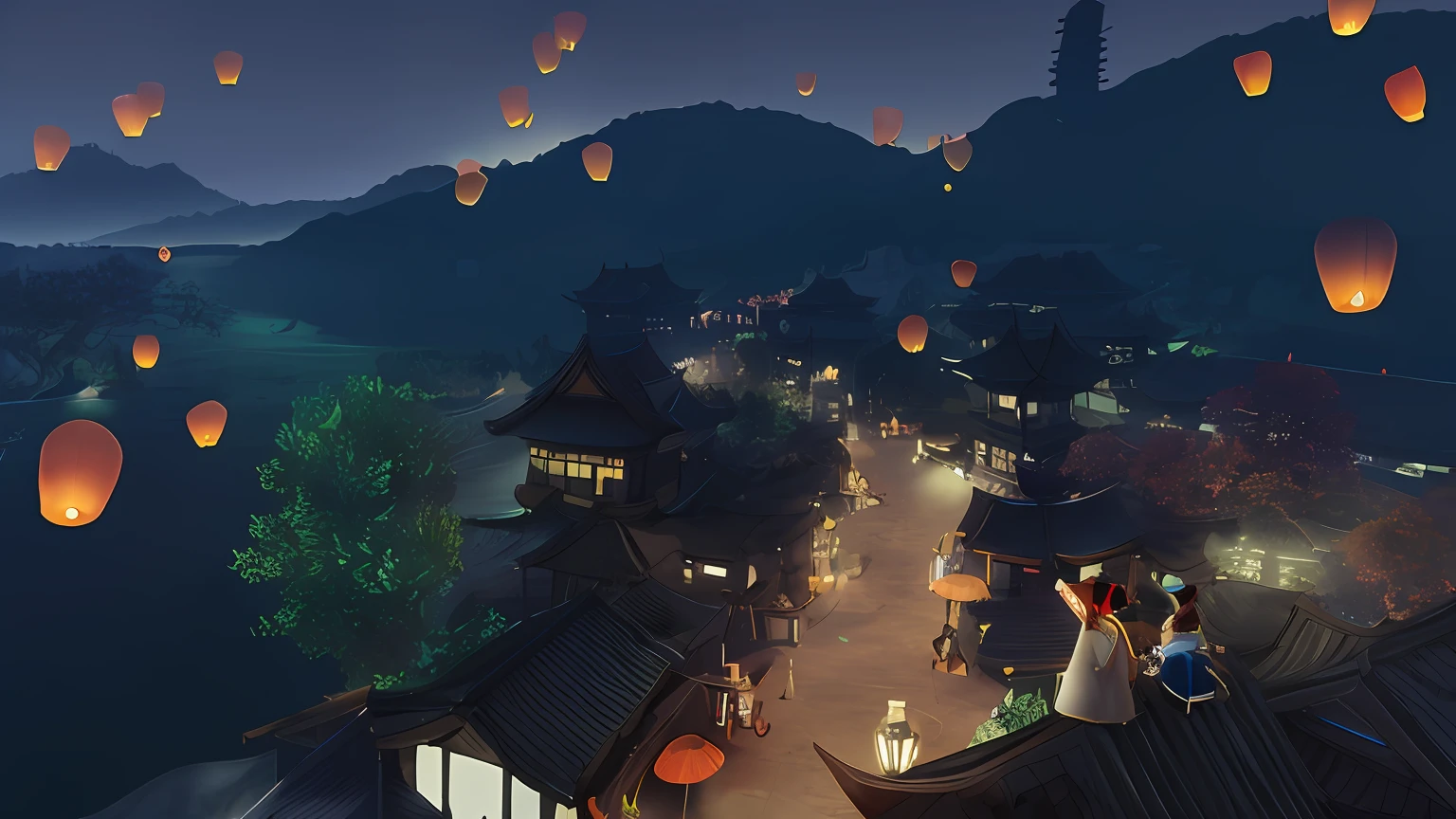 There are many lanterns flying over the town, evening lanterns, dreamy Chinese towns, Beautiful rendering of the Tang Dynasty, makoto sinkai, beautiful screenshot,  Onmyoji detailed art, summer festival night, tea drinking and paper lanterns,'s. voluminetric lighting, Lanterns, nightime village background, detailed scene