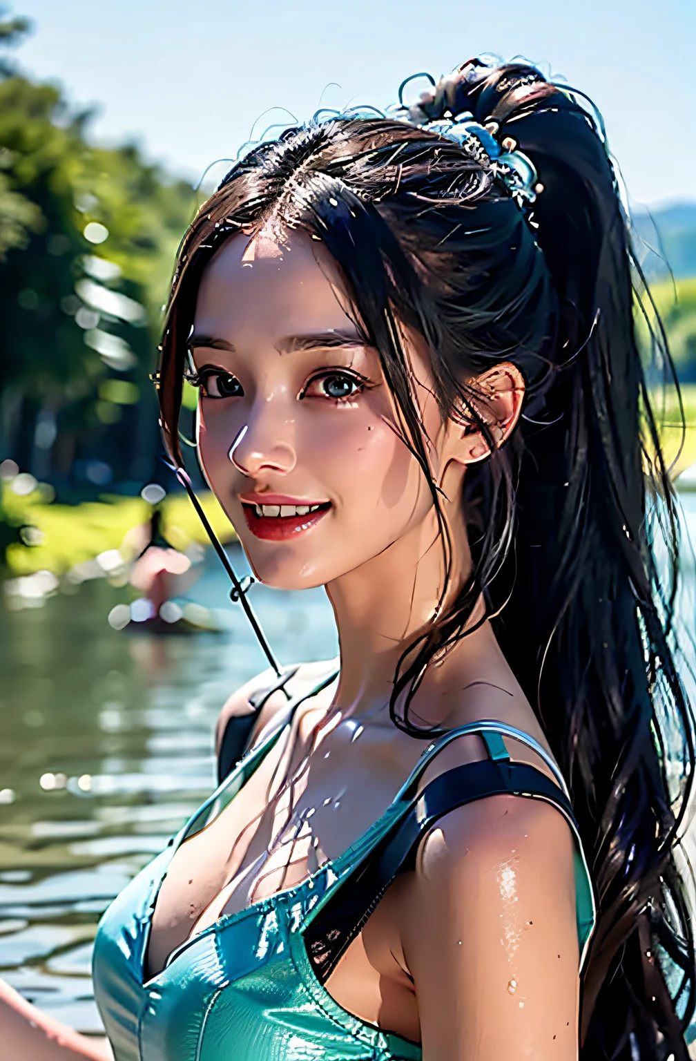 best qualtiy、​masterpiece、photoRealstic、intricate-detail、Raw foto、Photon Rendering、Octane Rendering、absurderes、ultra-detailliert、A detailed face、Detailed skin、Trending in art stations、8K Masterpiece、lighting like a movie、( (1girl in))、((独奏) ))、((Behold))、CG Social Trends、Plastic En、((Black Long Hair))、((Beautuful Women))、(A smile)、show the grinps、Upper teeth、Fashionable、summer clothing、Hair that flutters in the wind、((Flowing hair))、fashion magazine、A sexy、((lighting like a movie))、((Fishing))、((a river))、((playing in the water))、