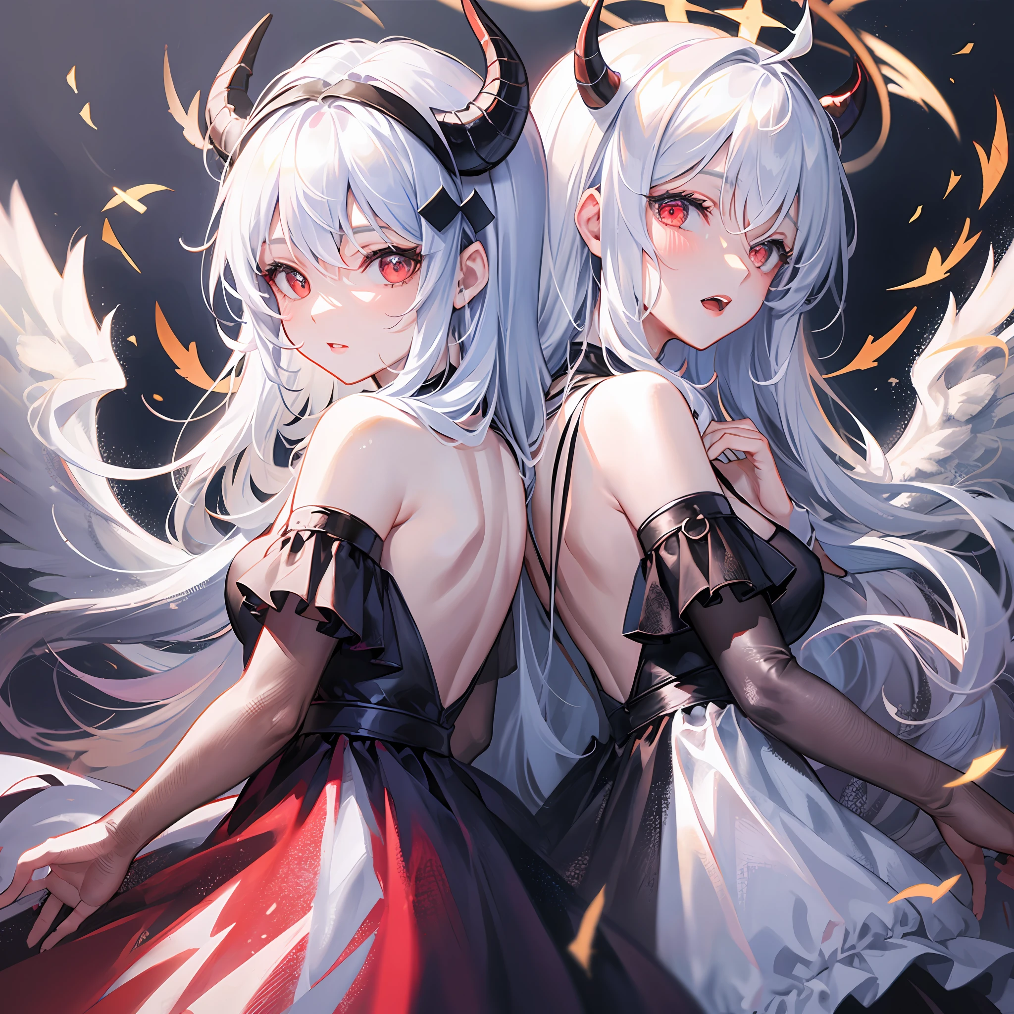 tmasterpiece，Need，Extremely detailed Cg Unity 8K wallpaper，paper cut out，Scary skies，（The upper part of the body），2 cuddling girls，angel and demon，golden eyes，red eyes，Black and white hair，Gradient hair，hair between eye，ahoge，4 pairs of black and white wings，devil horns，angelic halo，Drill hair，Idade：，back to look back，Nun dress，White stockings，Mary Jenny，star headdress