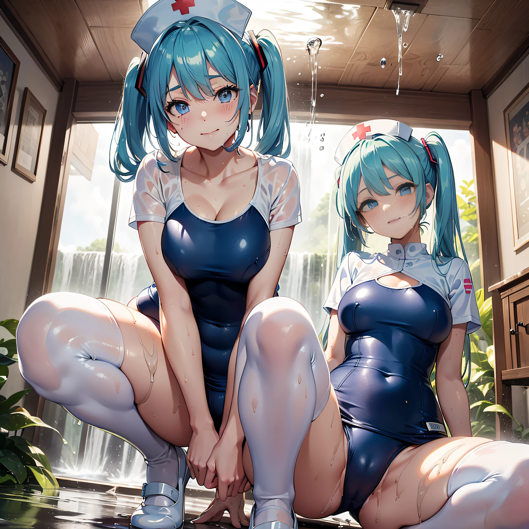 (masterpiece, best quality, 8k wallpaper:1.2 ), ultra detailed, absurdres, highres, long blue-green twintail hair, (hatsune miku:1.3), ((33 yo, mature woman)), full body, ((1girl, solo)), (large breasts), (((glossy slippy smooth texture {blue|black} one-piece japanese school swimsuit:1.3))), ((motherhood kind smile, head tilt:1.2, squinting eyes, wince, closed mouth)), (looking at viewer), too sweaty body, silky skin, beautiful eyes, beautiful smile line, big blue eyes, shiny hair, beautiful detailed eyes, beautiful detailed skin, beautiful detailed clothes), framed double breasts, under bust, too wet skin, too wet clothes, glossy skin, glossy clothes, skindentation, skin tight, thick thighs, on the hospital bed, portrait, cute face, kawaii, (((peeping shot from ceiling, flirting))), peeping dripping, wide open legs, wide spread legs, squatting, get on your knees, realistic, realism, photorealistic, (((waterfall muddy solid milk is dripping from the crotch))), both inner thighs, ((white nurse cap, too wet see-through too thin white over knee socks, white nurse shoes)), lower body focus, ((a lot of muddy solid milk on crotch and thighs)), perfect I sharped cleavage, arms down forwards, upper body backwards, lower body forwards, (An erotic nurse dedicated to squeezing the first), (((holding short glass cup)))