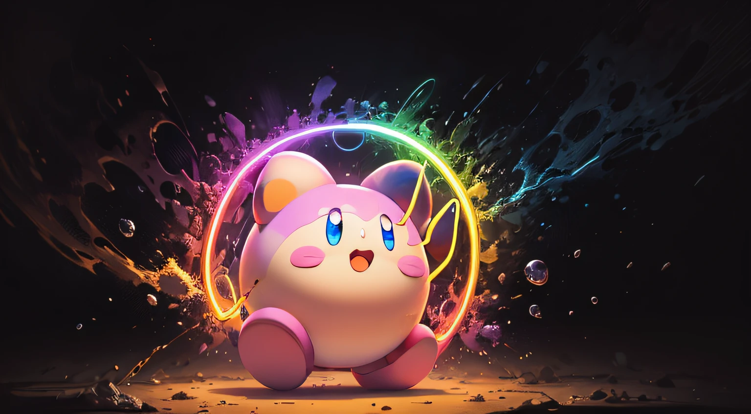 wallpaper kirby  com varinha magica saindo brilho amarelo e rosa neon com fundo  se destruindo e formando um vortex colorido  desenho  hiper detalhado ,hdr
