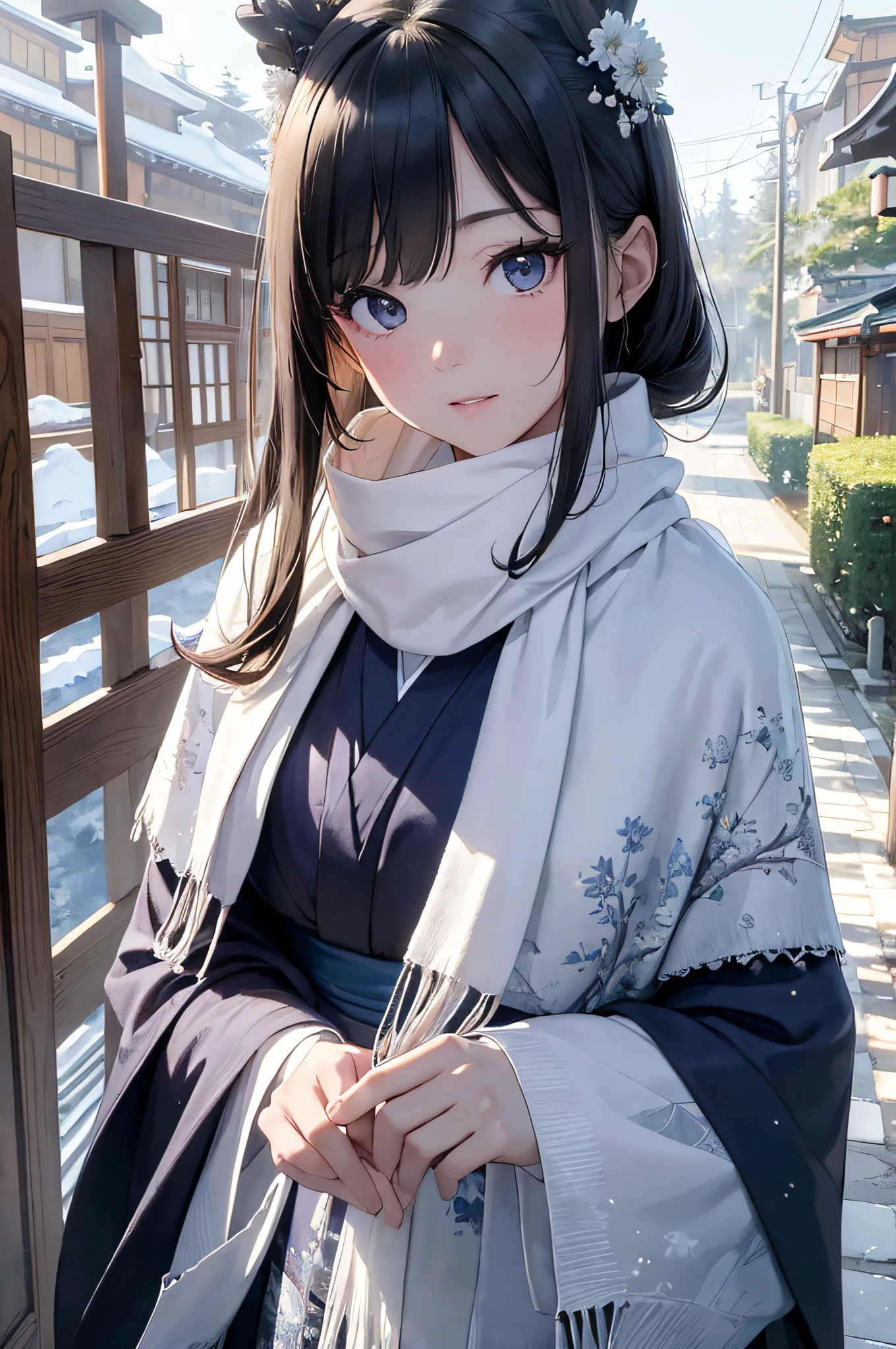 (Master masterpiece:1.3), Realistic epic、Cinematic lighting、absurderes, 超A high resolution, Highly detailed , 细致背景、Winters、snow cover、Plaster walls、gate、pine trees、a street、the morning sun、Japan kimono、(shawls:1.4)、1girl in、face perfect、Indigo and white as the main colors