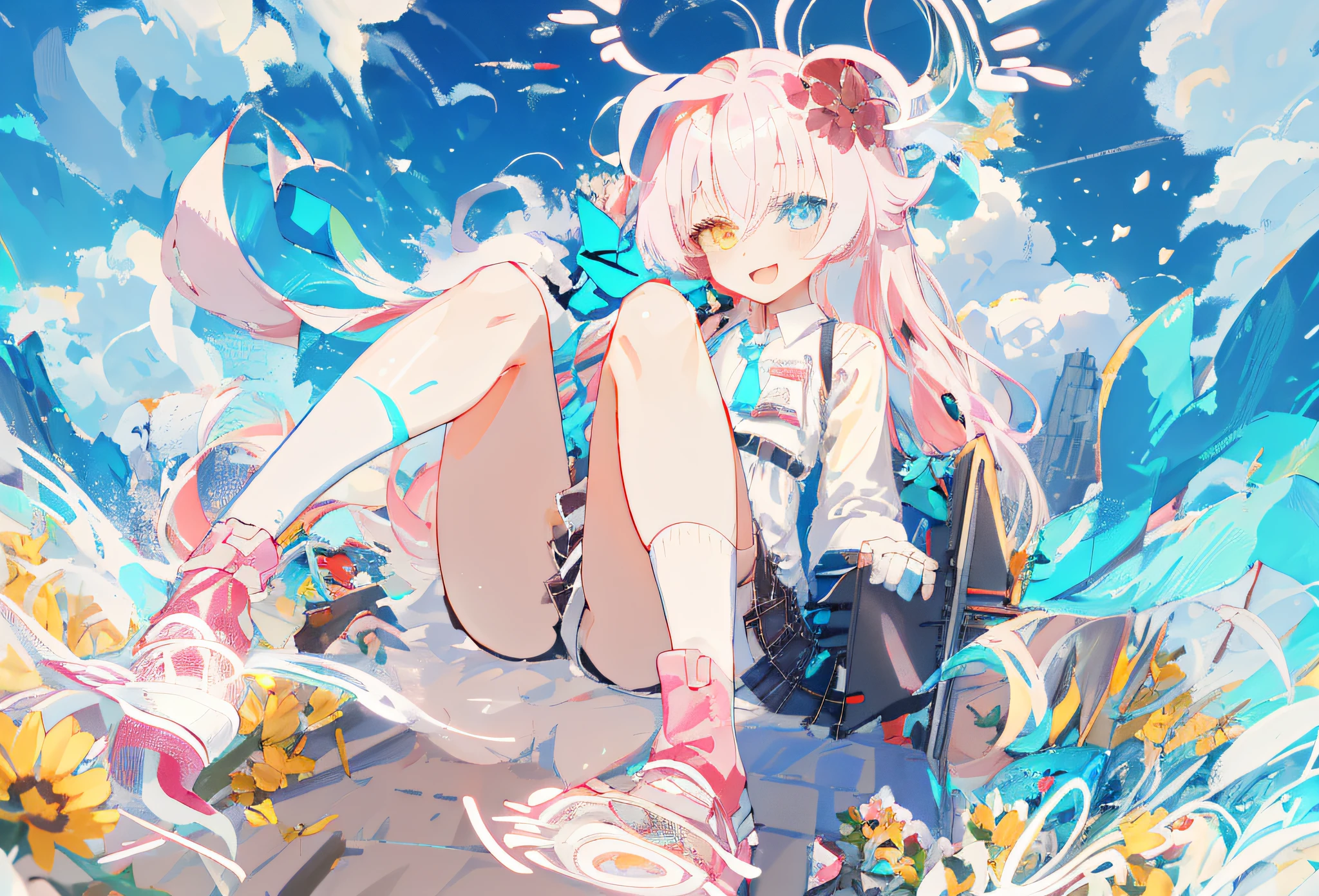 Anime girl sitting on the ground,A flower stuck in his hair, Splash art anime , small curvaceous loliwasi, azur lane style, wallpaper anime blue water, Loli, , Rated on pixiv, 《Ghost Wind Special Assault Team》The art of pixels, style of anime4 K, High Quality Anime Art Style